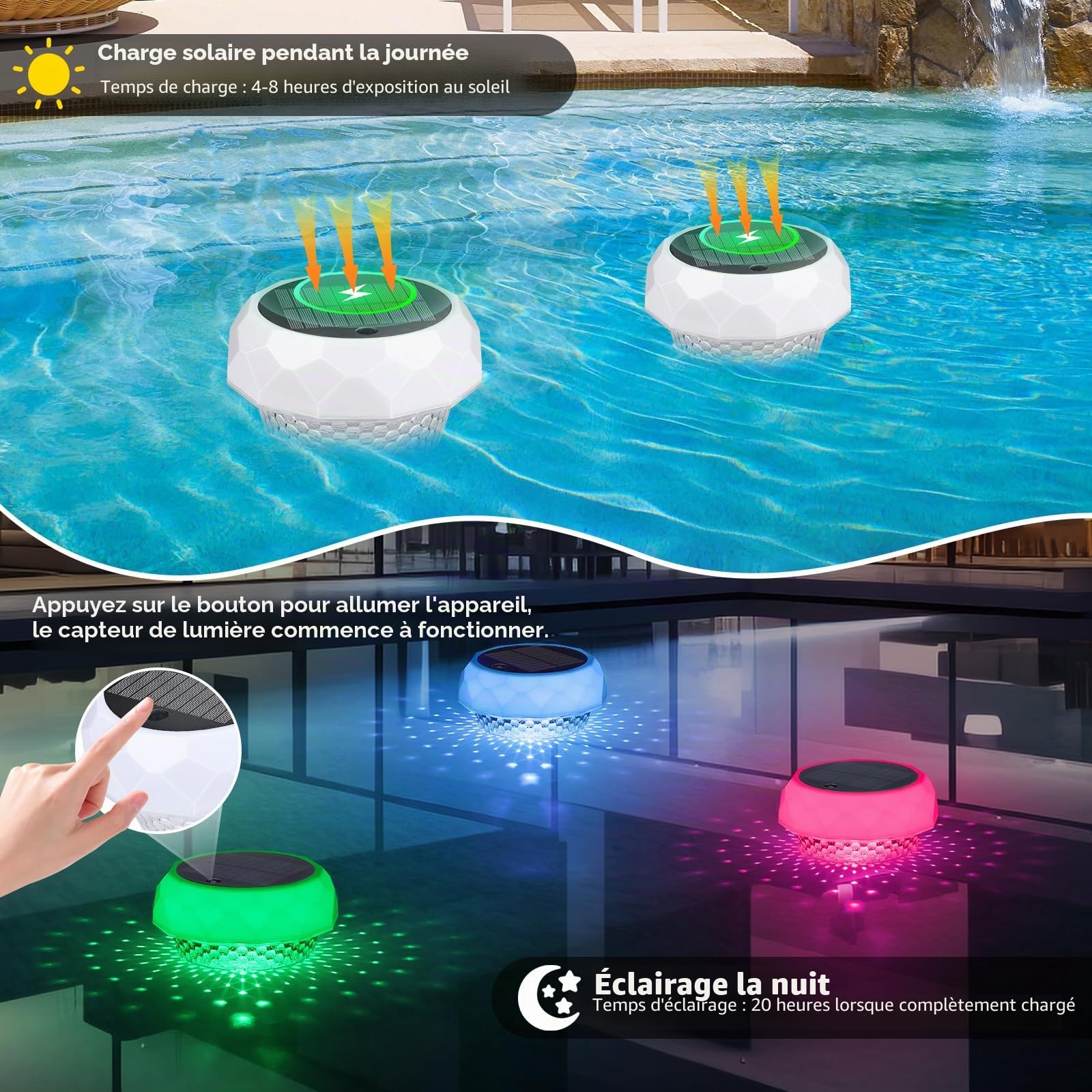 Qoolife Flotteur de chlore de piscine avec lumière solaire, distributeur de chlore flottant pour tablettes de 2,5 cm et 7,6 cm, distributeur de chlore flottant avec télécommande et réglable pour