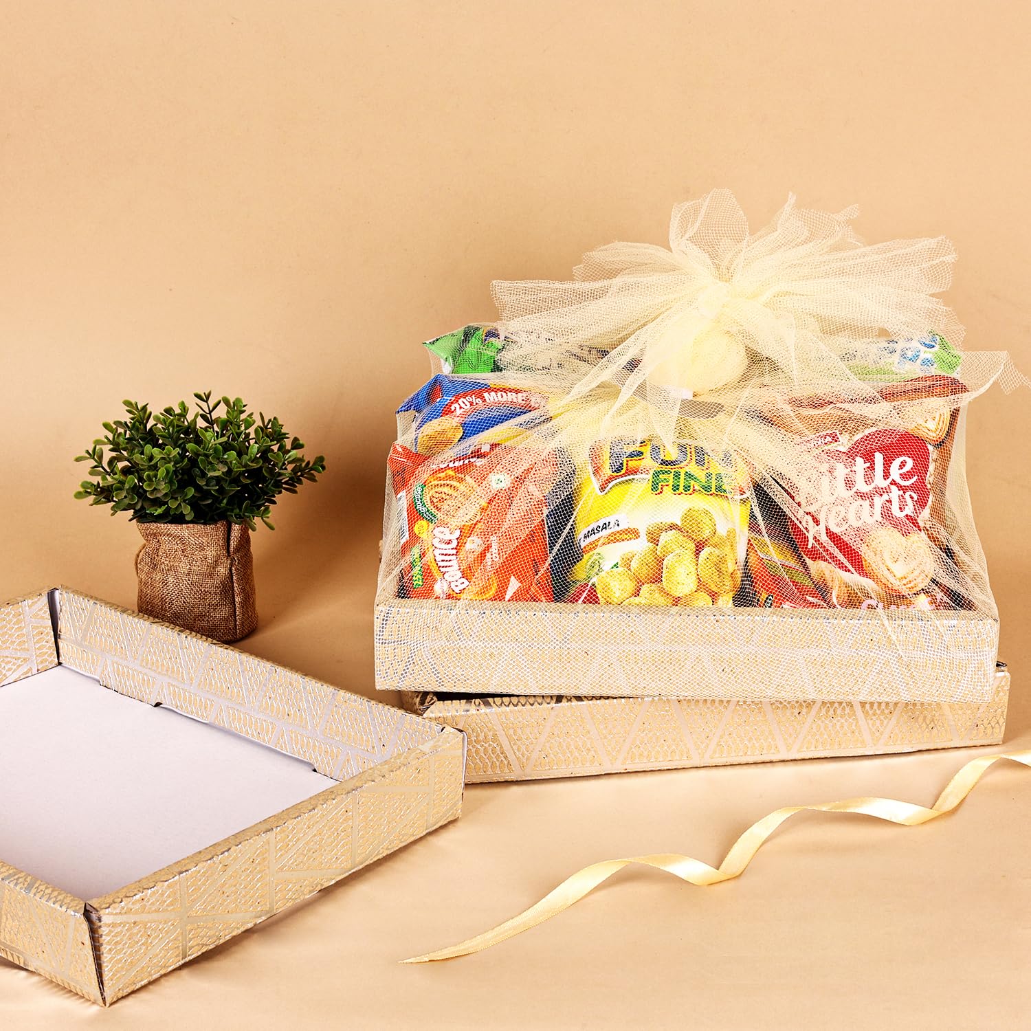 Kidsy Winsy Gift Hamper Boxes (Silver, Pack of 4) | Empty Gift Packing Boxes With Tie Ribbons & Nets | Foldable Paper Gift Boxes | Stylish Basket for Bridesmaid & Festive Hamper Packaging