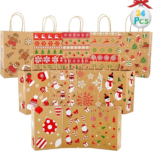 VEYLIN 24 bolsas de regalo de papel de Navidad, 9 x 6 x 3.5 pulgadas, bolsas de regalo de papel kraft con asa para regalos de fiesta de Navidad