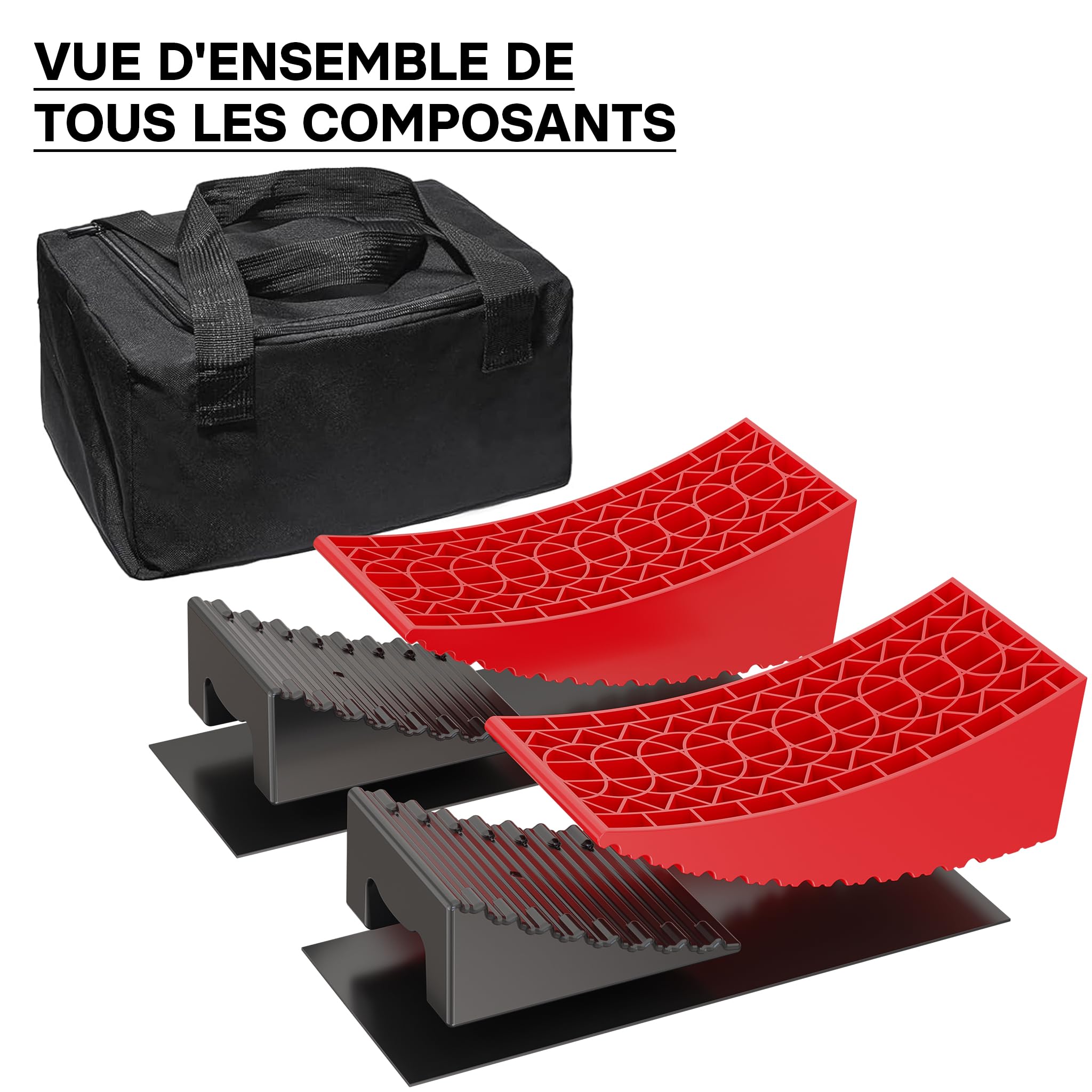 XPOtool Lot de 2 Cales de roue rondes – 320 x 150 x 110 mm / 190 x 150 x 80 mm – Capacité 13 t – avec Niveau à bulle en T – Protection de pneus pour Camping cars et Remorques – Rampes véhicules