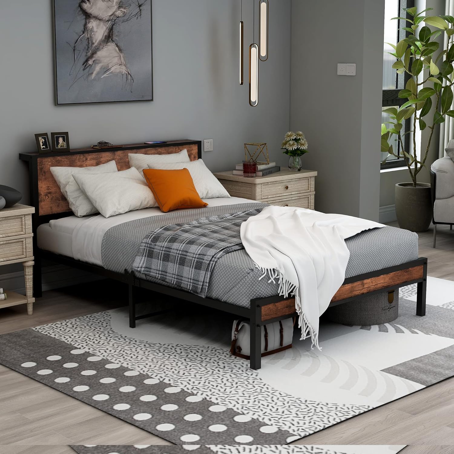 Diolong Full Bed Frame with Wood Storage Headboard,Double Bed Frame,Metal Platform Bed Frame Double Under Bed Storage, Heavy Duty/Mattress Foundation/No Box Spring Needed/Vintage Brown - Image 3