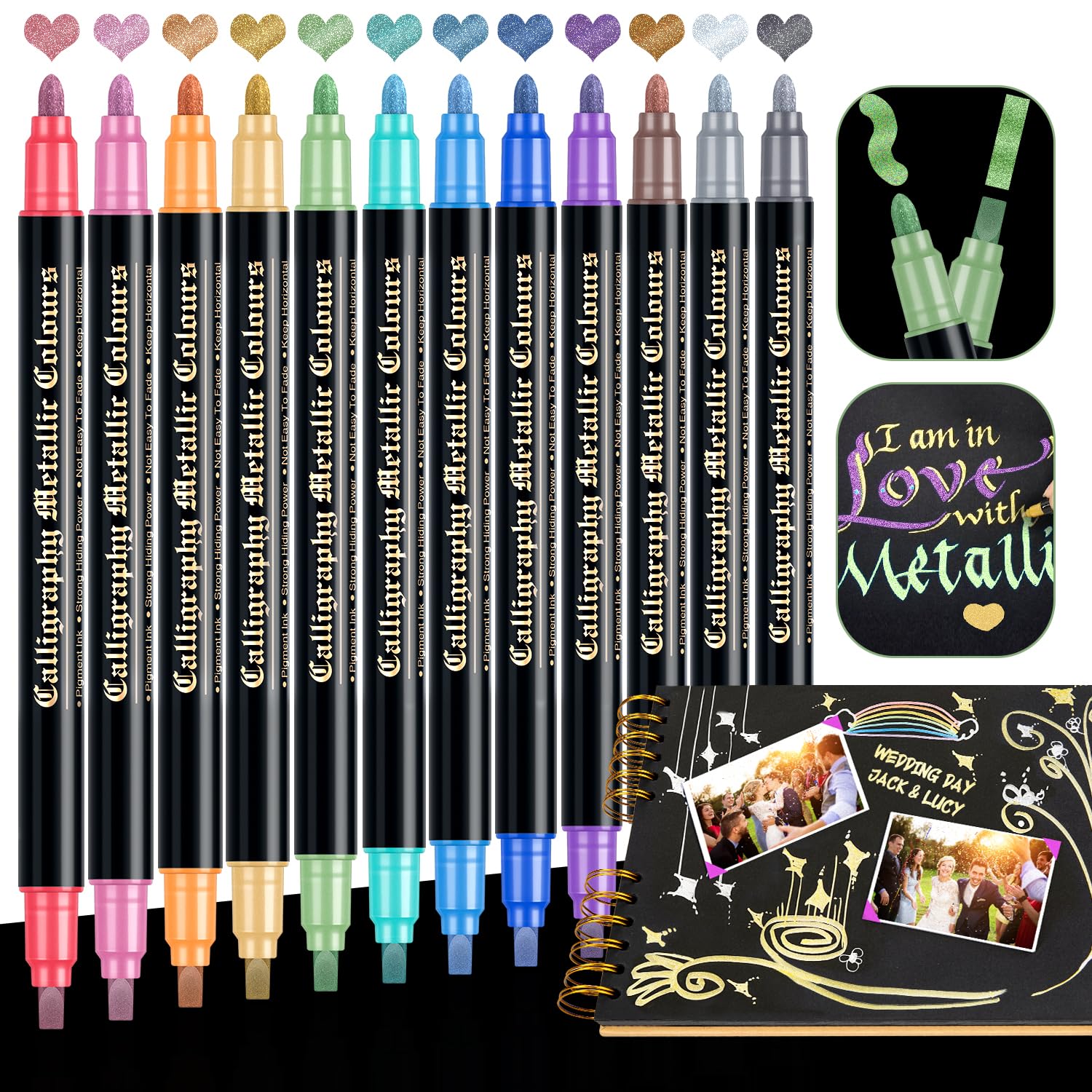 DAPAWIN Metallic Markers for Scrapbooking: 12 Scrapbook Markers for Black Paper, Rock, DIY Card Decorative, Wedding, Graduation Scrapbook Supplies,