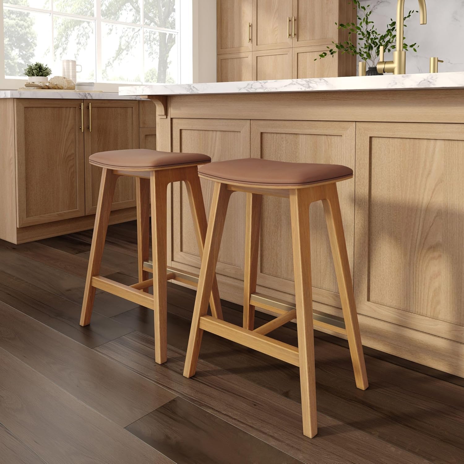 Plank+Beam Beryl Counter Height Stool - Mid-Century Modern Rubberwood Bar Stool with Faux Leather Seat, Metal Footrest, Easy Assembly, 2-Pack, Pecan/Toffee Pecan/Toffee 2-Pack Counter Height Stool