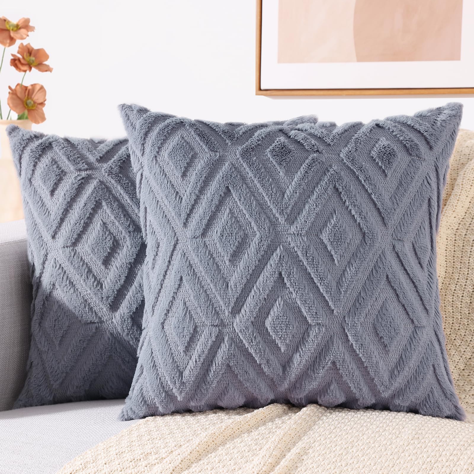 Housses de coussin haut de gamme fausse fourrure bleu gris 55x55 cm decorUhome aspect laine