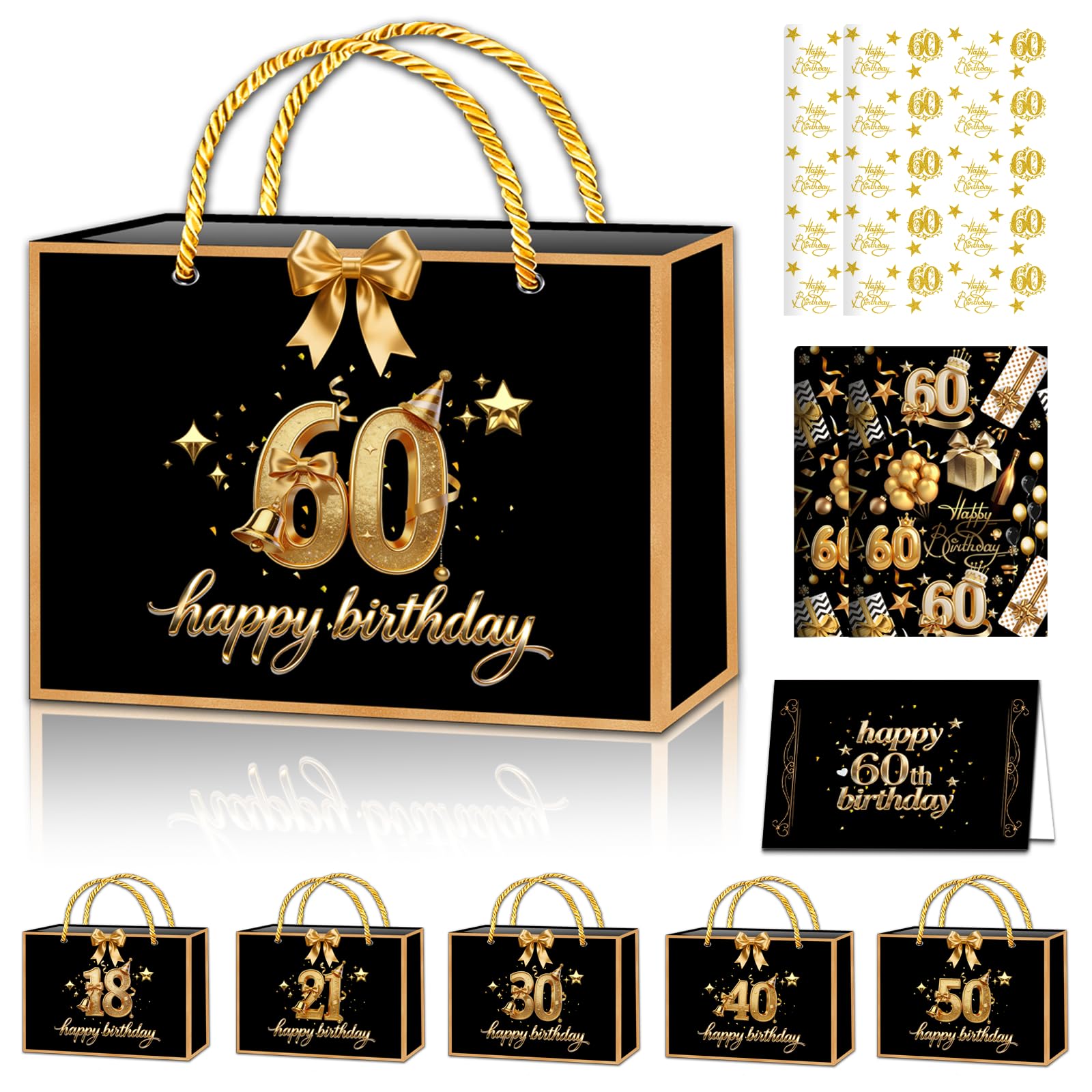 POPOYU Black Gold 60th Birthday Gift Bag with 60thBirthday Wrapping Paper and Birthday Card,Ribbon,60th Birthday Wrapping Paper for Women,Tissue Paper Sheets for BirthdayGifts Wrapping,DIY Art Crafts