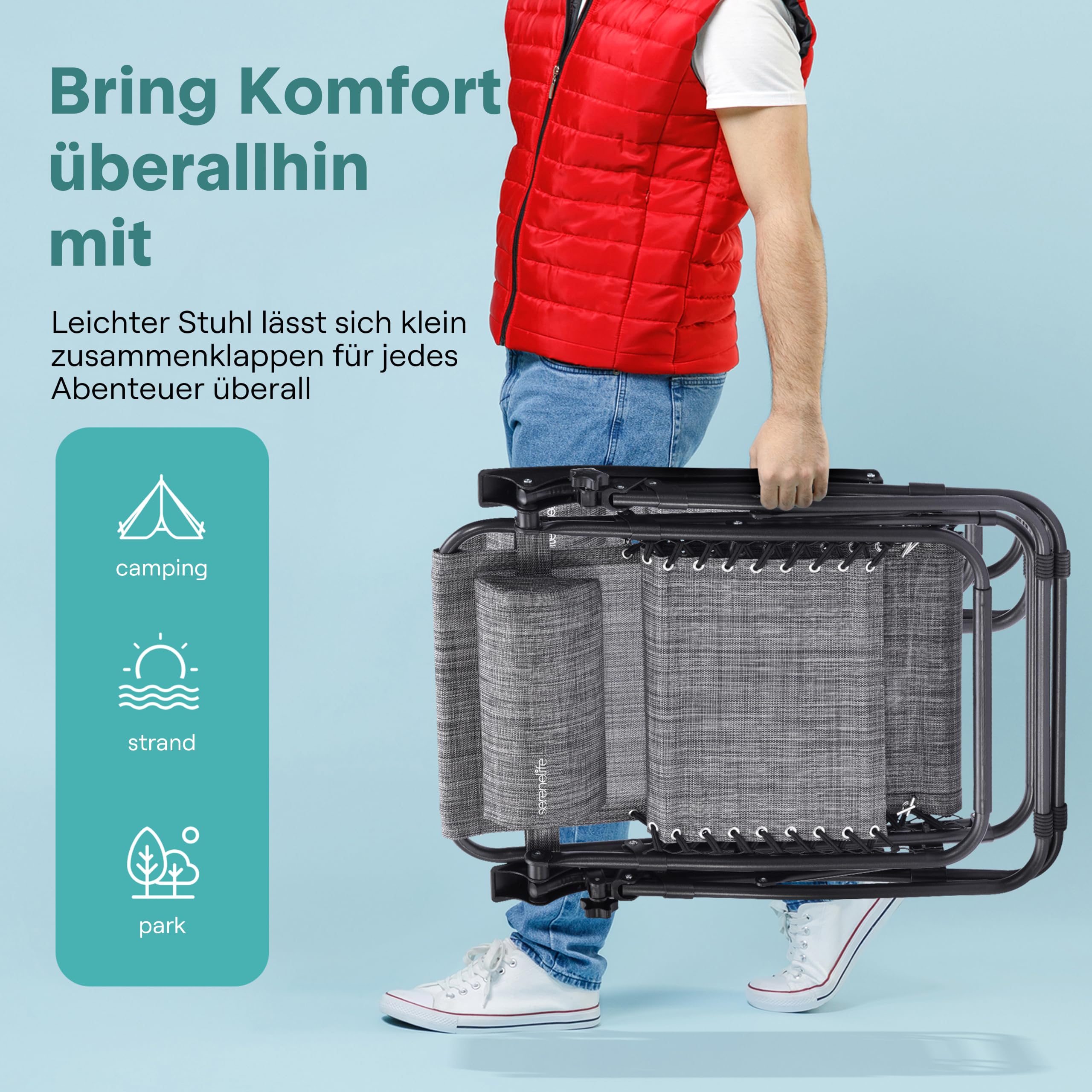 SereneLife Sonnenliege Klappbar 2er Set, mit Sonnendach, Liegestuhl für Garten und Balkon, bis 120 kg, Grau, Verstellbar und Wetterfest, mit Getränkehalter und Kopfstütze, für Strand Camping Relax