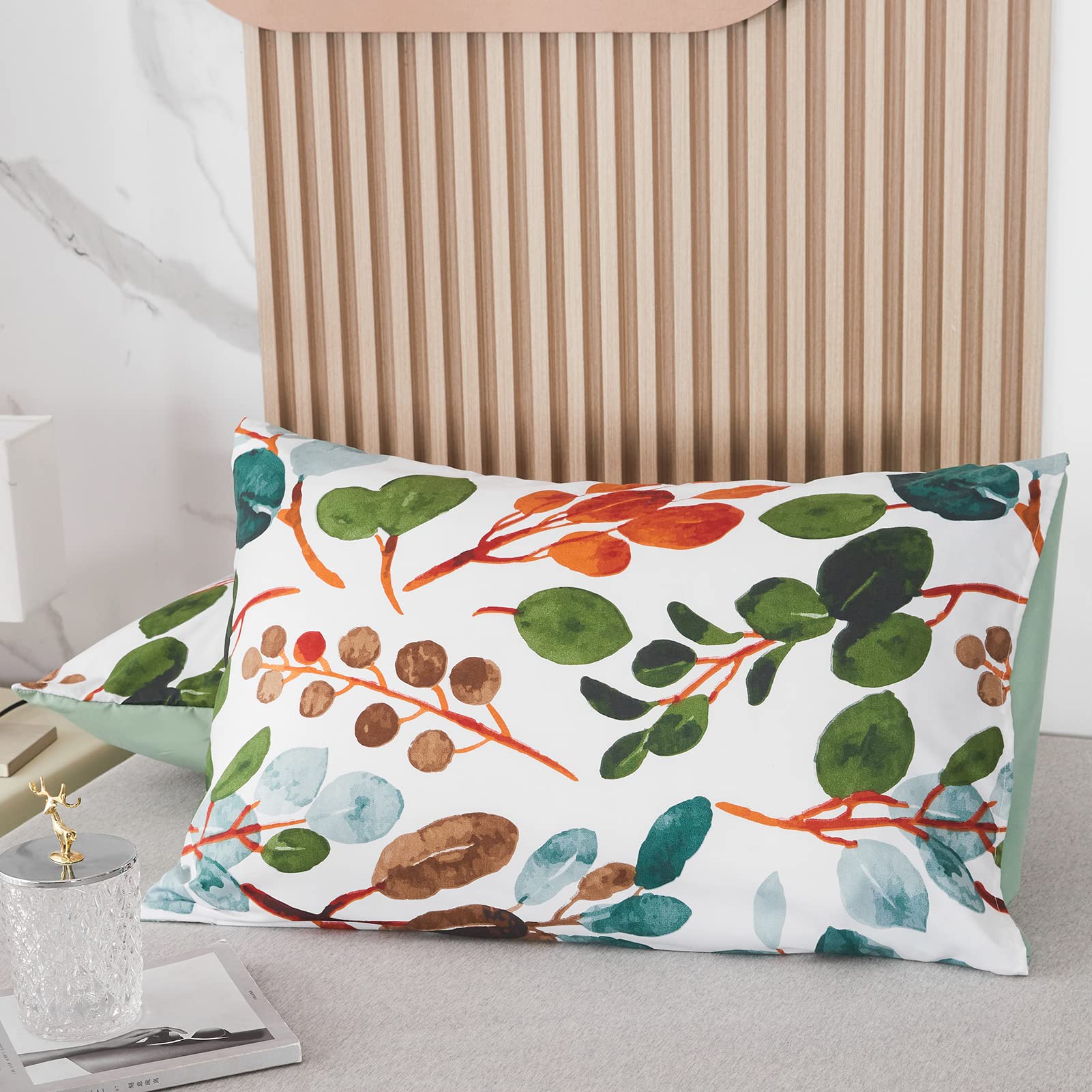 Parure de Lit Floral Microfibre à Motif Printemps Branches et Feuilles, 1 x Housse de Couette 240x260 cm 2 Personnes et 2 x Taies d'oreiller 65x65 cm Moderne avec Fermeture Eclair, Vert