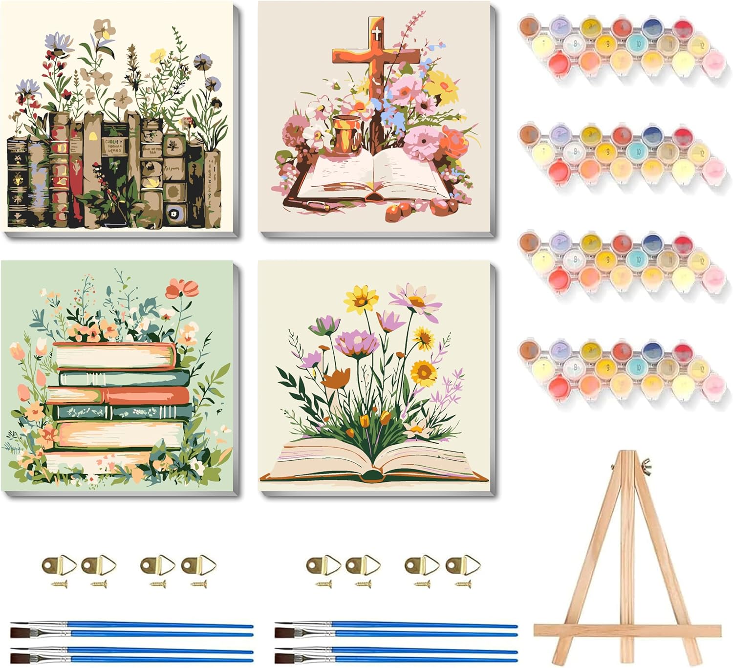 4 Pack Book Paint by Numbers Kit for Adults, Flower Adult Paint by Number Kits with Easel, Small Easy Paint by Numbers for Adults Beginners, DIY Painting on Canvas for Home Wall Art Decor 8x8 Inch