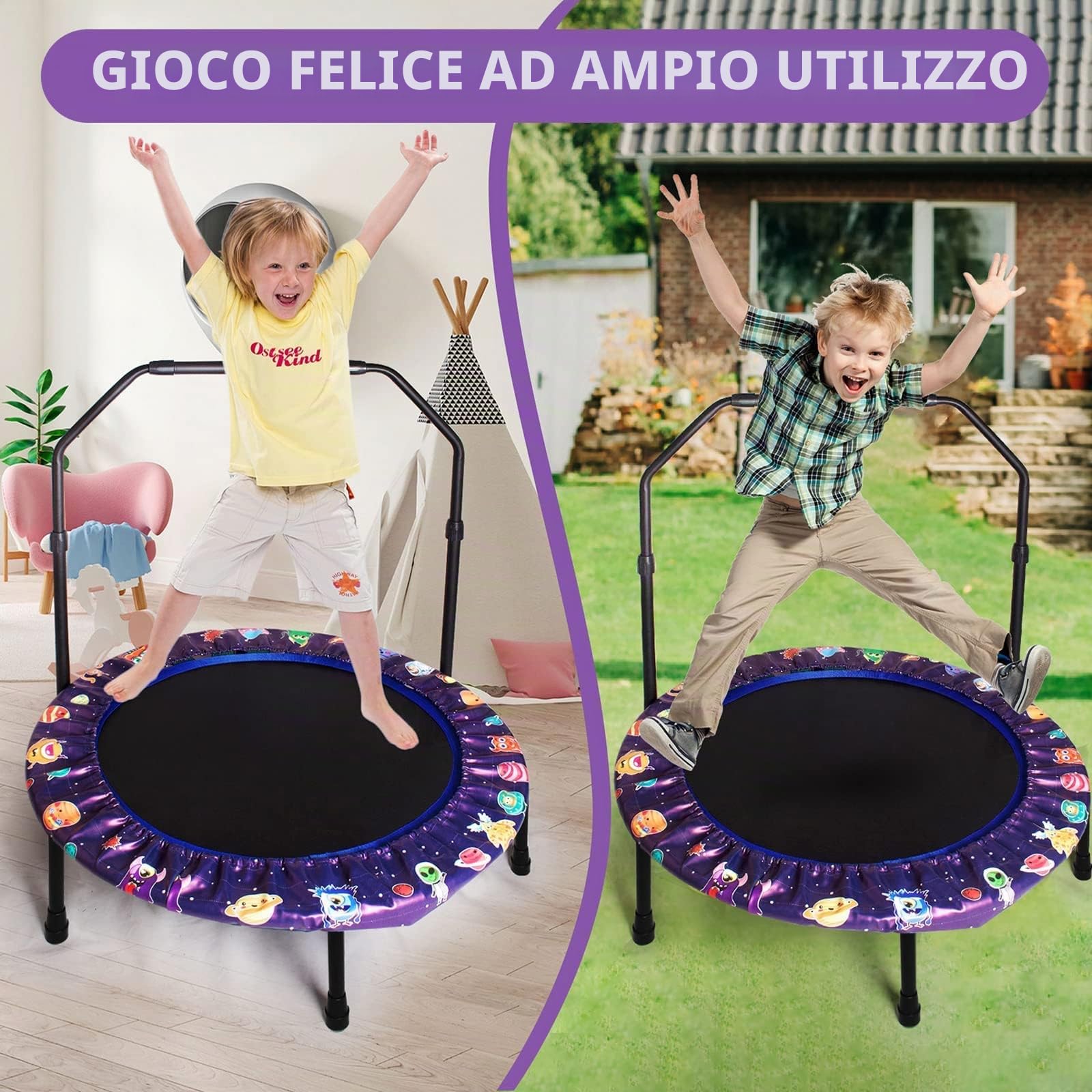 Trampolino elastico per bambini, diametro 91 cm, con manico e imbottitura di sicurezza, per bambini dai 2 anni in su, per interni ed esterni, copertura imbottita