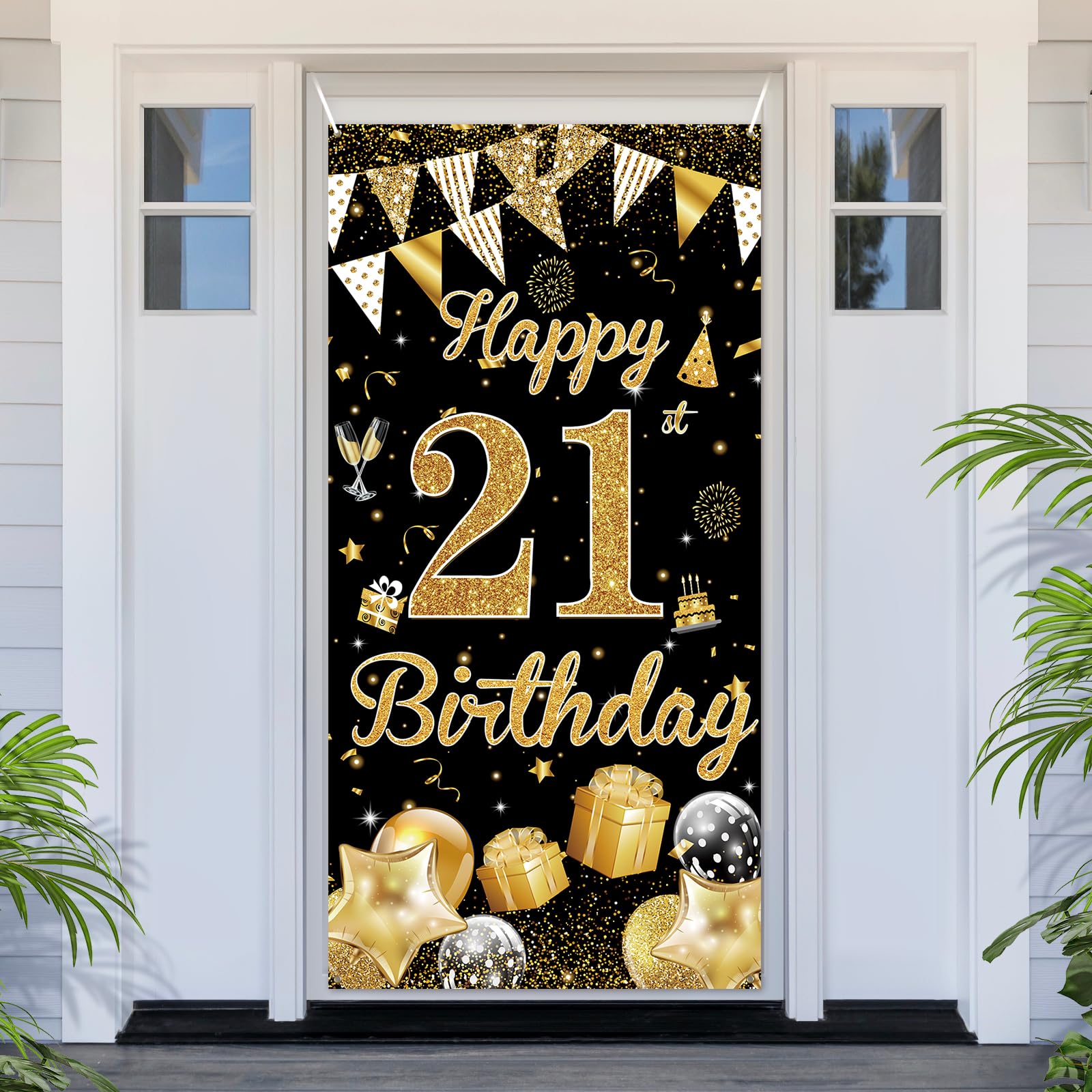 PartyYaa 21st Birthday Banner, Happy 21st Birthday Door Cover Decorations, Extra Large Black Gold Party Banner Photo Booth Decor Sign Poster for Indoor Outdoor