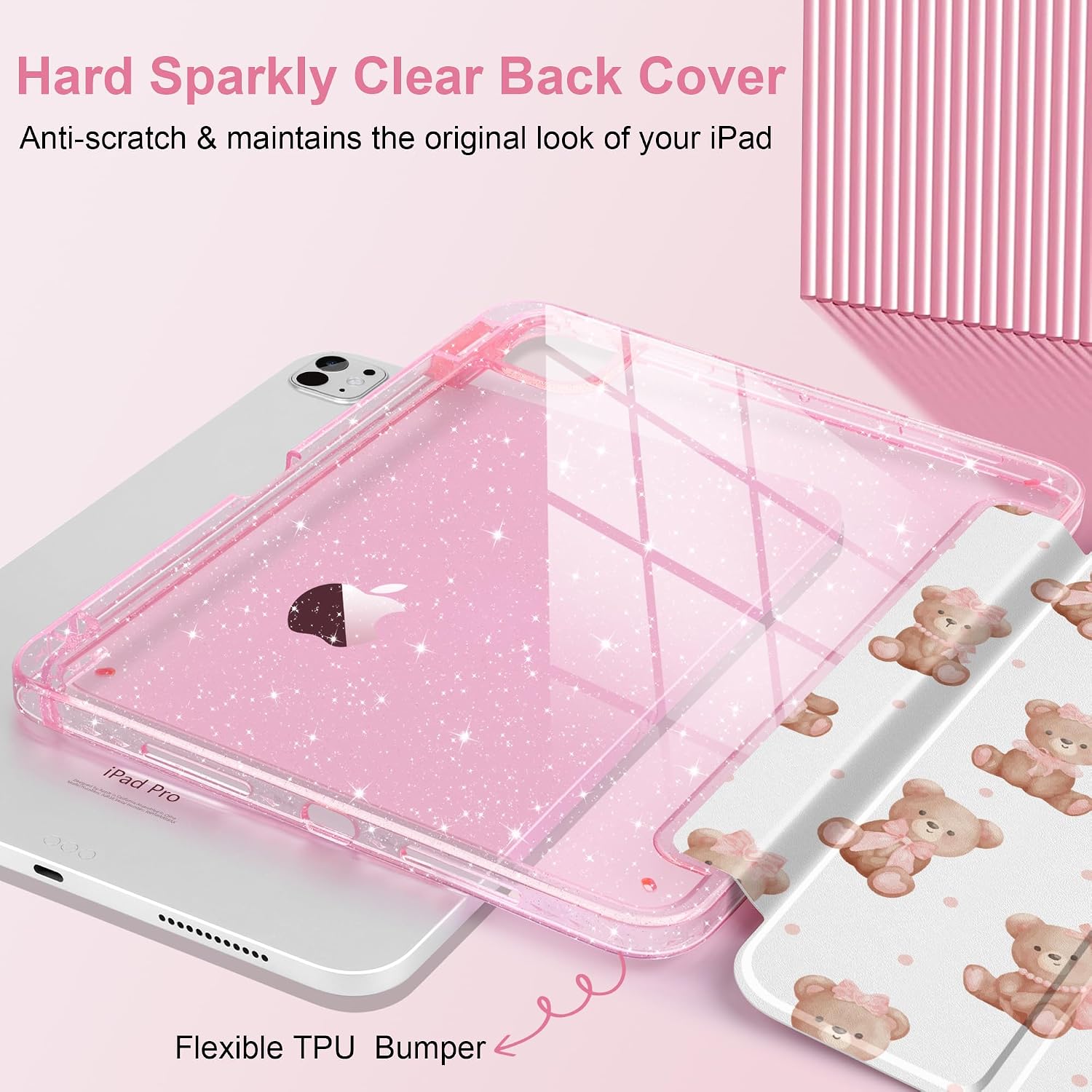 TWOLSKOO Sparkly Case for iPad Pro 11 inch (M5 2025 / M4 2024), Glitter Hard Acrylic Back with Pencil Holder, Slim Trifold Stand Folio Cover, Auto Sleep/Wake, Bears & Bows