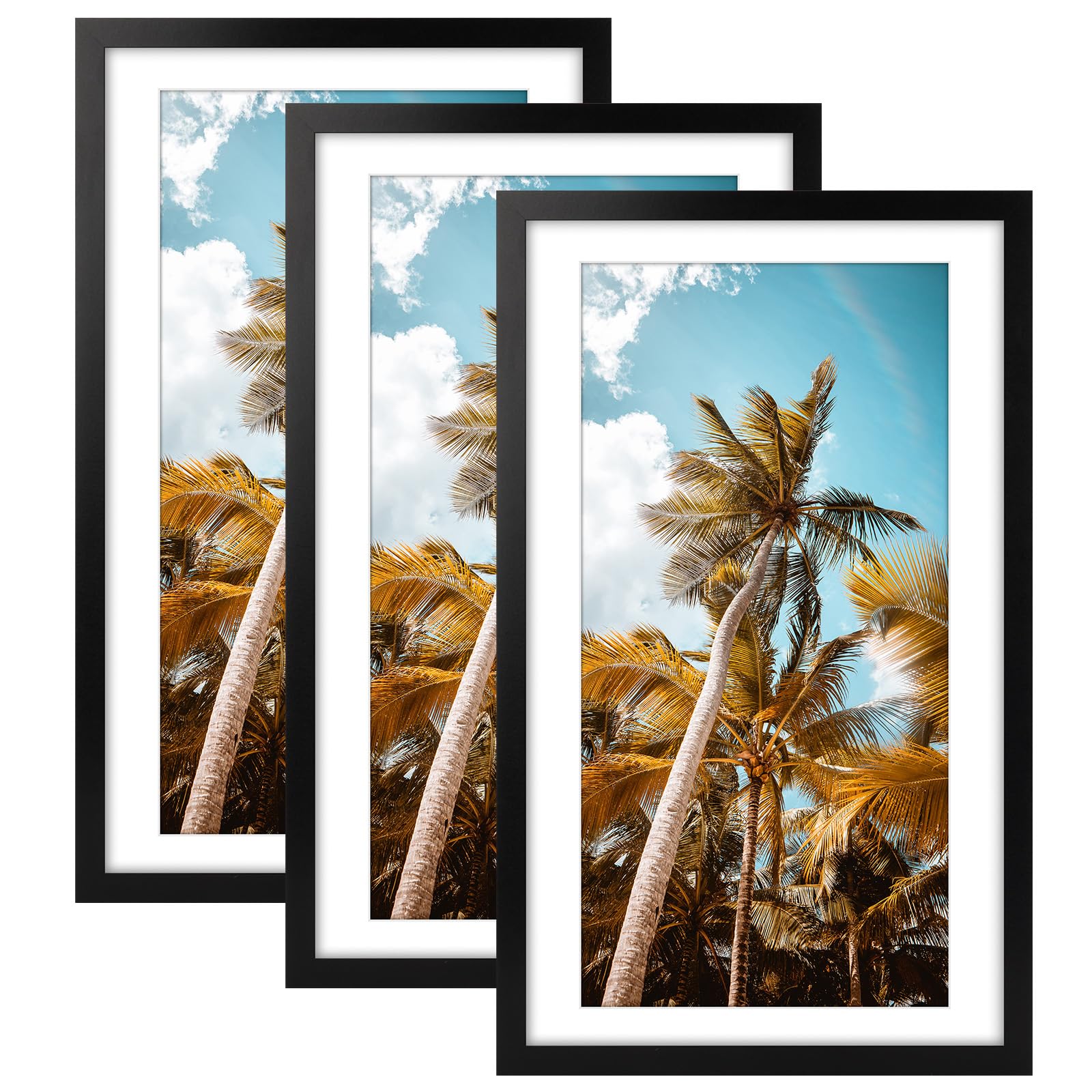 Frametory 3 Pack 14x24 Black Picture Frame with Real Glass Mat for 11x22
