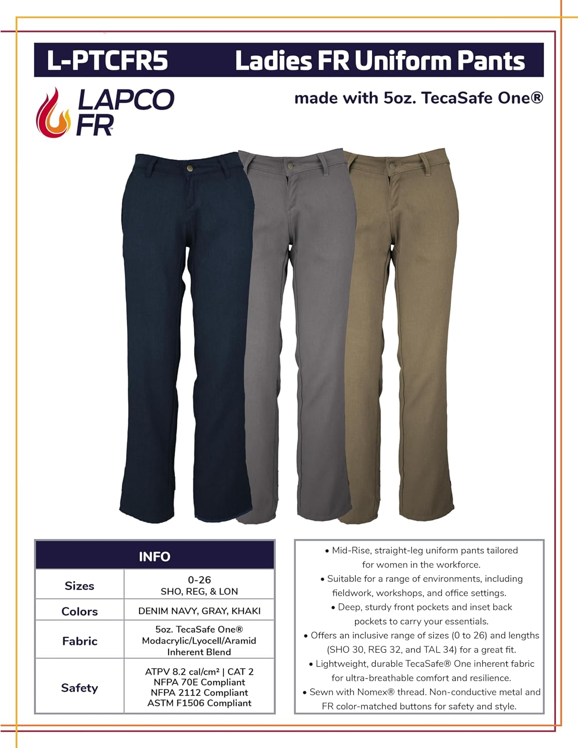 Lapco FR L-PTCFR5 Ladies Uniform Pant, 5oz TecaSafe One Inherent, 6 Regular, Khaki