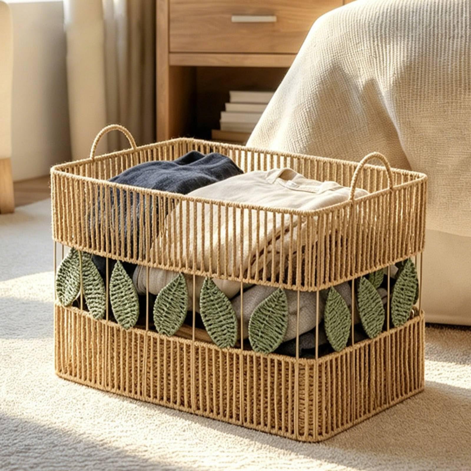 Qianly Cesto Portabiancheria con Manici Decorativo Cesto Intrecciato a Mano Traspirante Cestino per Bagno, Cesto Portaoggetti In Corda Intrecciata Con Doppie Maniglie - Medio