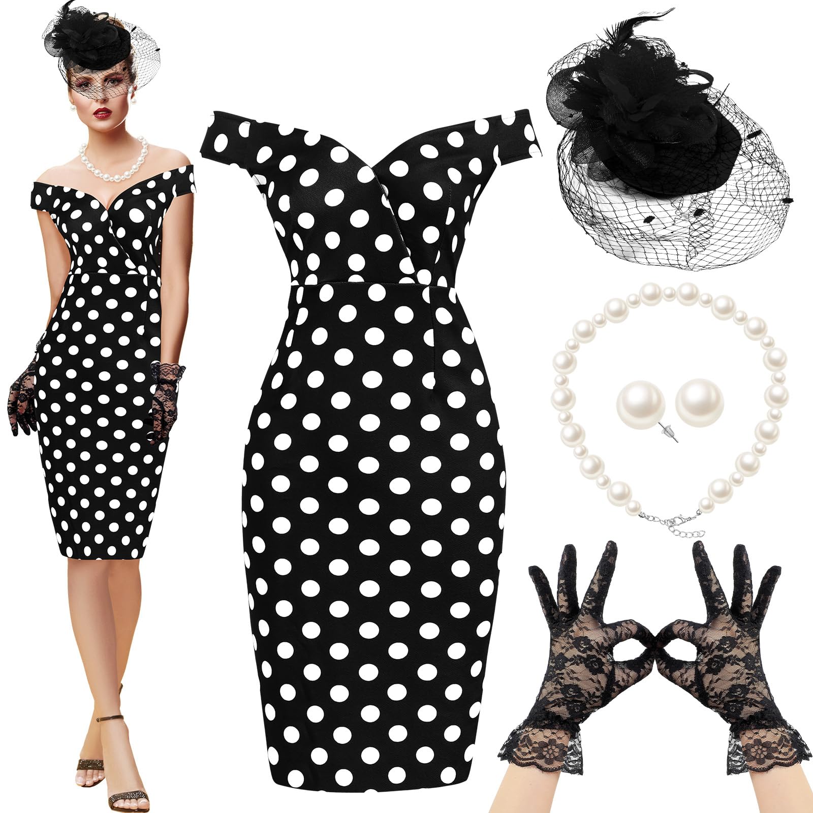 JenPen 5 Pcs Tea Party Dresses Vintage Rose Polka Dot Dress 1950s Derby Pencil Bodycon for Women Ladies Party Attire