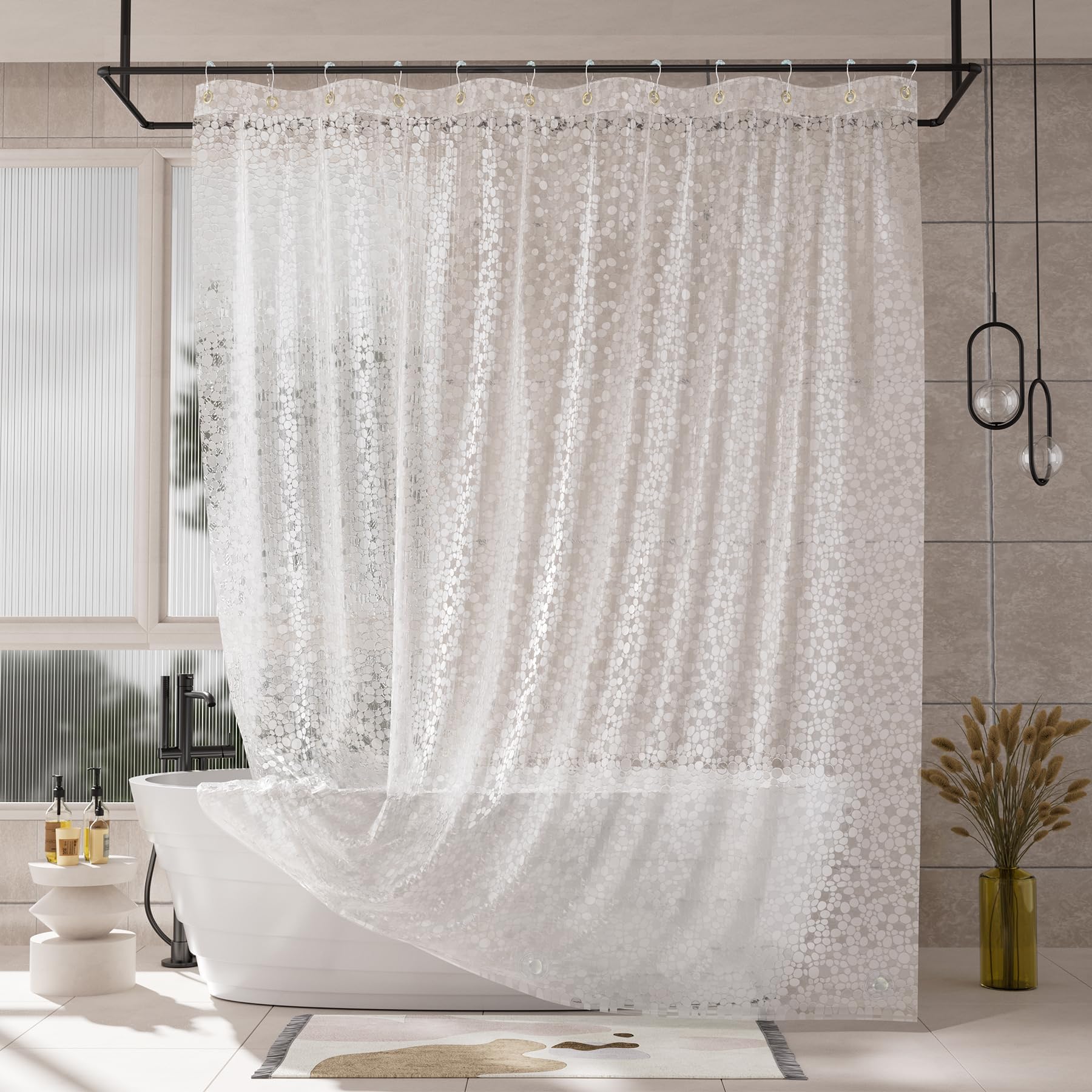 AmazerBath Heavy Duty Shower Curtain Liner, 100% EVA Clear Shower Curtain and Liner 2-in-1, 72x72 Luxury Plastic Weighted Bathroom Cobble Shower Liner, 12 Rustproof Grommets & 3 Heavyweight Stones