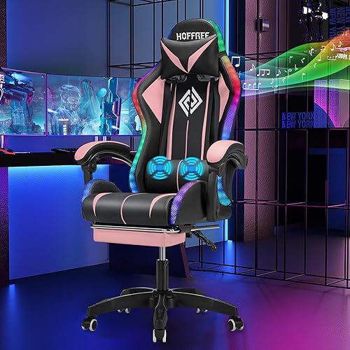 HOFFREE Pink Gaming Chair with Speakers and Led Lights Massage Video Game Chair with Footrest for Girls Reclining Computer Gaming Chair