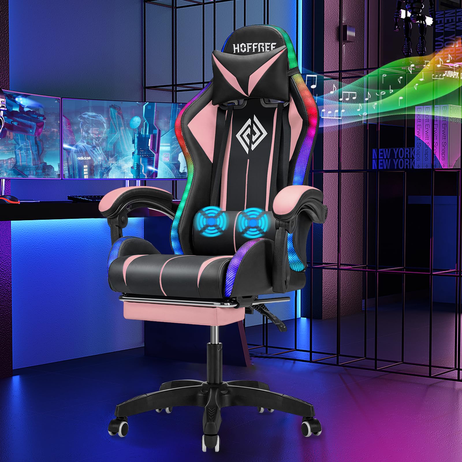 Hoffree HOFFREE Pink Gaming Chair with Speakers and Led Lights Massage Video Game Chair with Footrest for Girls Reclining Computer Gaming Chair
