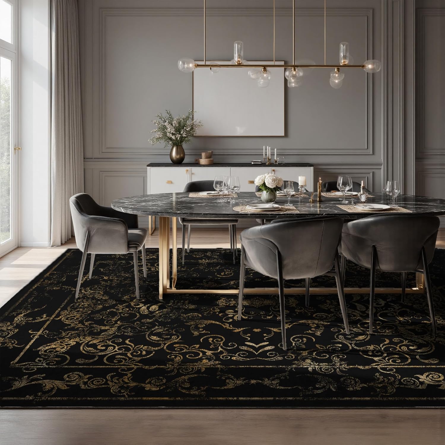 Dark Baroque Gold & Black Area Rug 8x10 - Intricate Filigree Carpet with Symmetrical Scrolls & Ornate Borders, Luxurious Machine Washable Non-Slip Rug for Living Room, Bedroom. 4 Baroque Dark Black & Gold 8' x 10' (Rectangular)