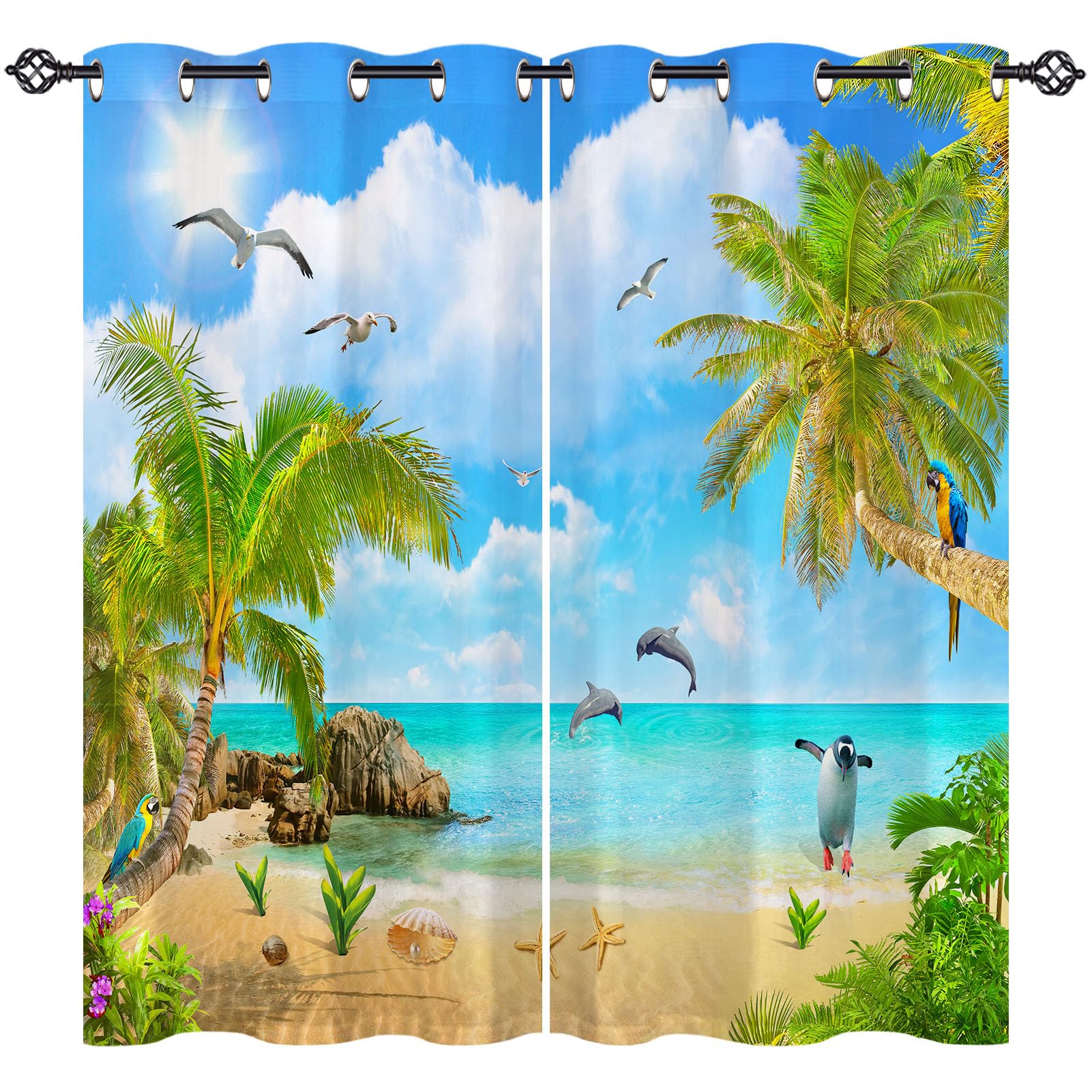 ANHOPE Beach Curtains Eyelet Ring Top Soft Thermal Insulated Blackout Curtains Ocean Dolphin Parrot Penguin Print Pattern Decorative Window Drapes for Bedroom Living Room 66 x 54 Drop Inch 2 Panels
