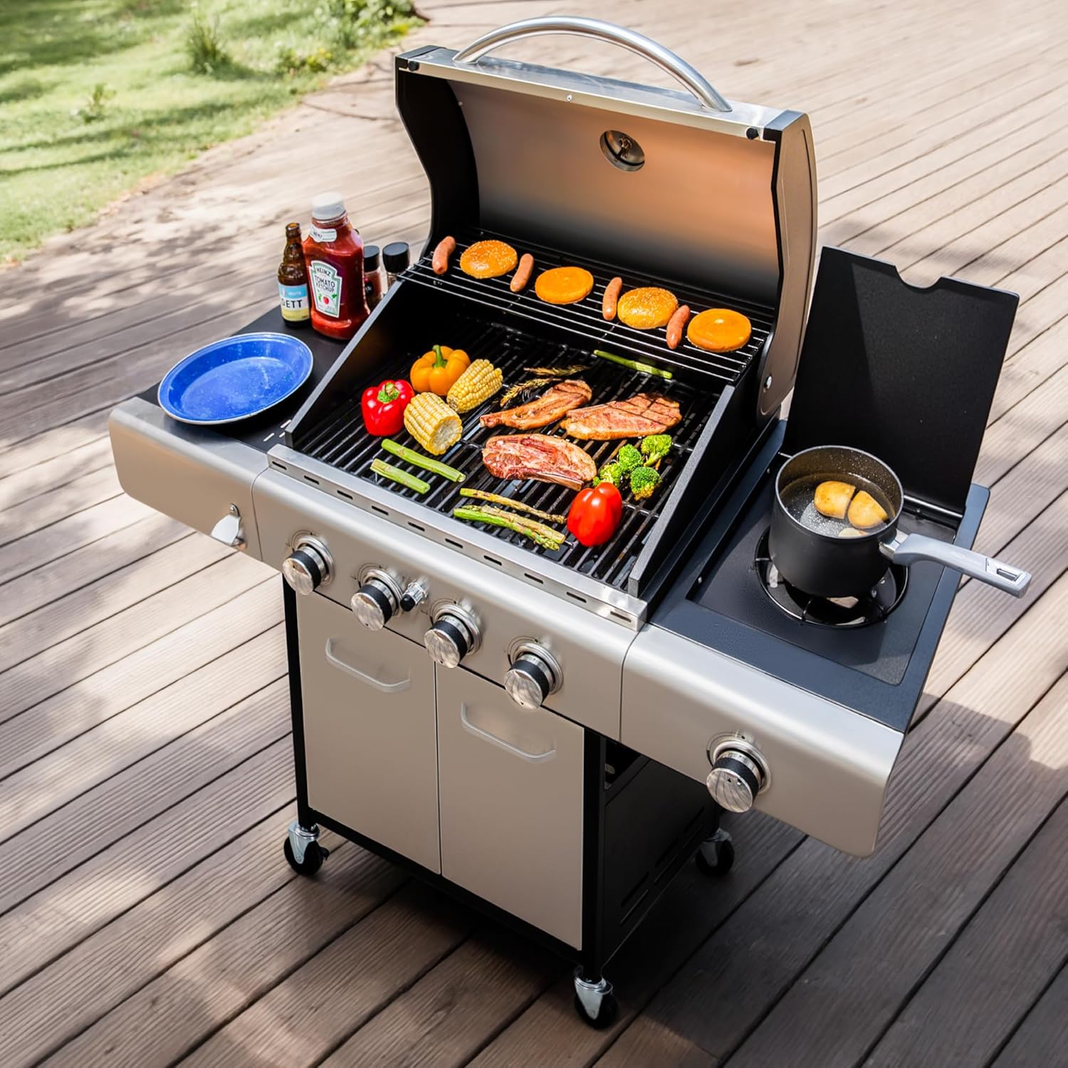 MFSTUDIO 4-Burner BBQ Propane Grill with Searing Side Burner, Porcelain-Enameled Cast Iron Grates,Thicker and taller lid, Stainless Steel Gas Grills for Outdoor and Patio Barbecue Cooking