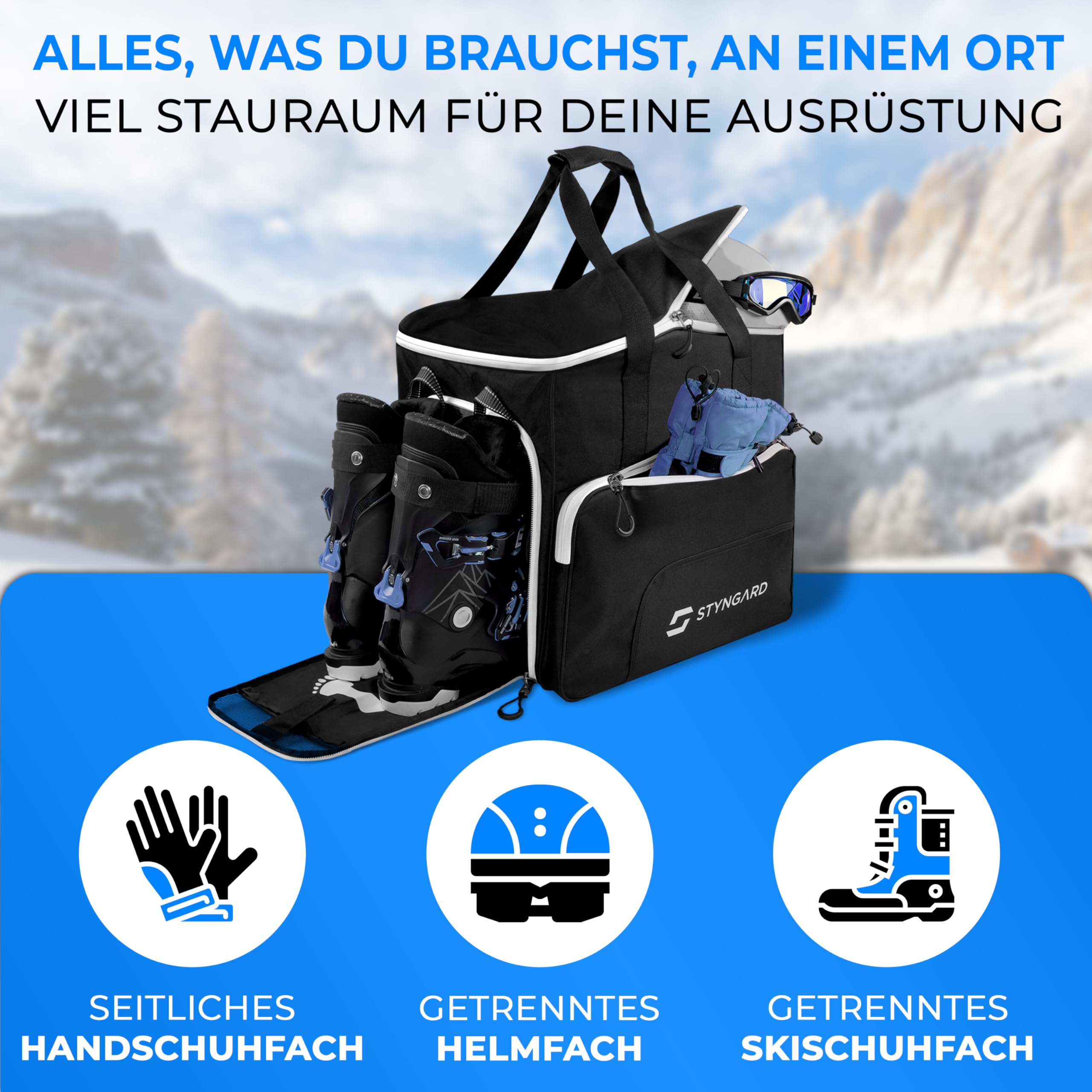 STYNGARD Skischuhtasche mit Helmfach und belüftetem Stiefelfach [54 L] - Ski Stiefeltasche mit Rucksackfunktion und Stauraum für Skizubehör - Tasche für Skischuhe Modell SÖLDEN