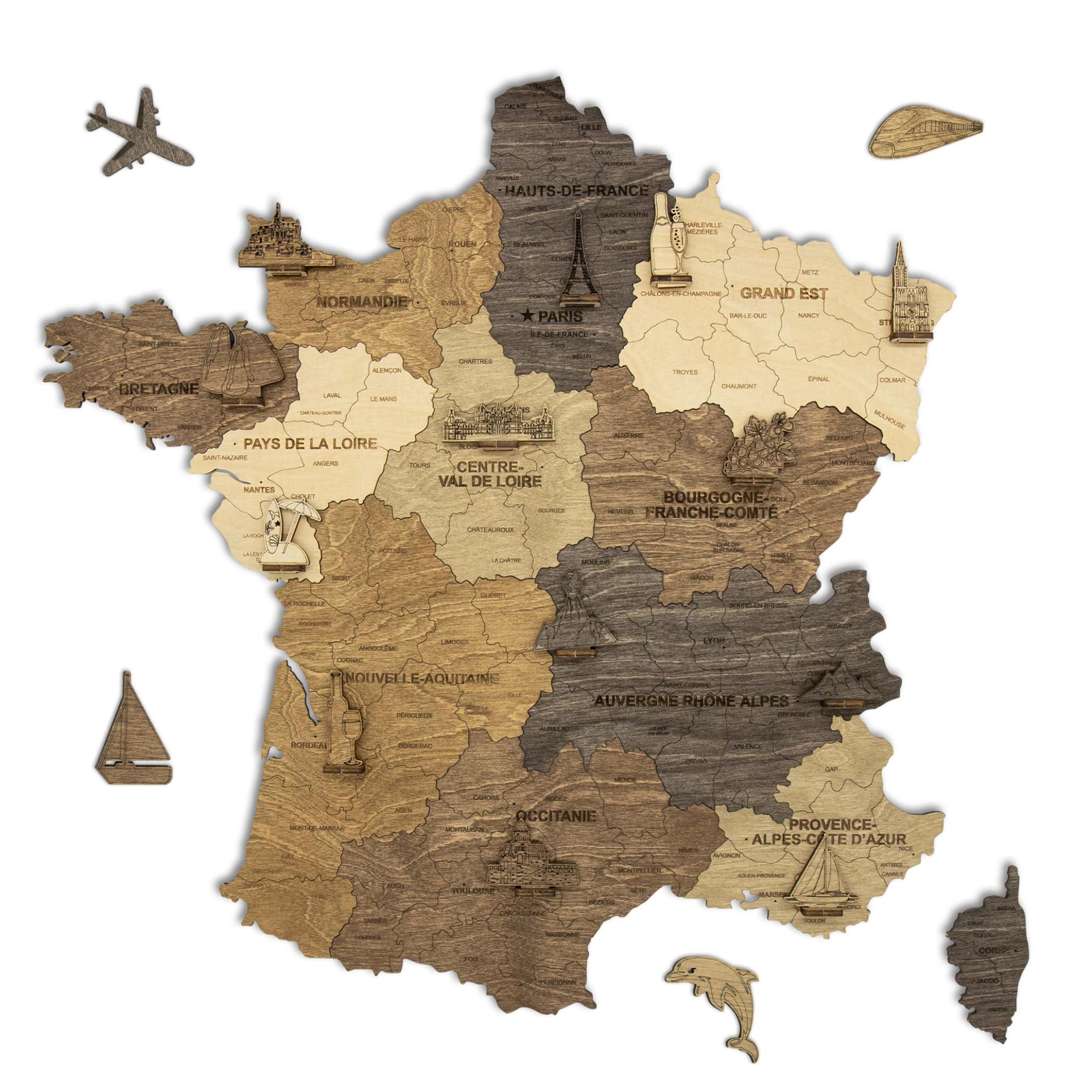 Carte du monde en bois 2D pour décoration murale - Mappemonde en Bois - Art mural - Pour salon, bureau ou chambre (Multicolor, 51L x 50 cm)