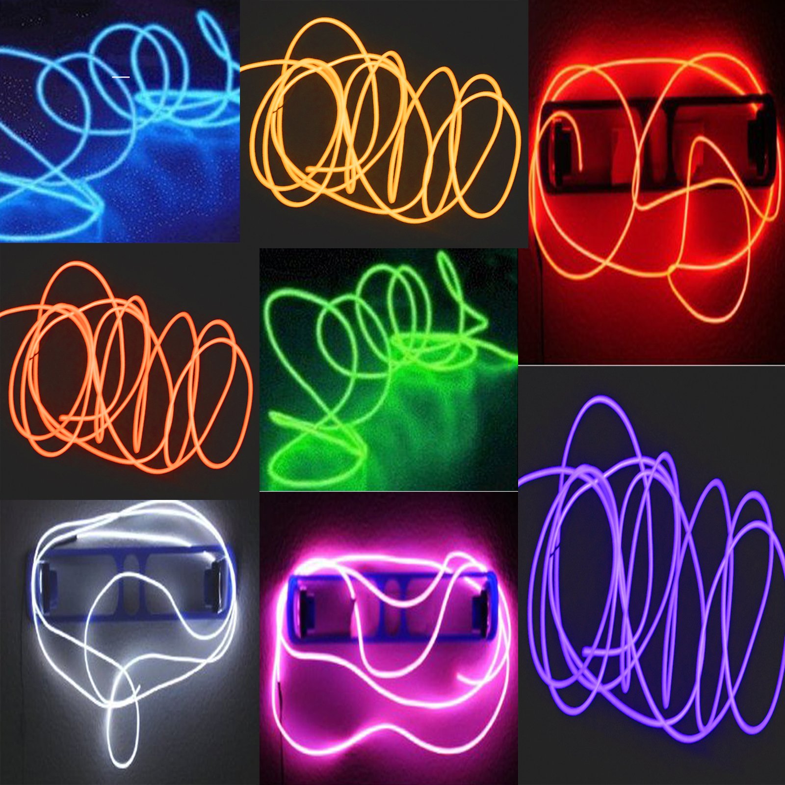 TDLTEK 8 Pack Neon Glowing Strobing Electroluminescent Wire/El Wire(Blue, Green, Red, White, Pink, Purple,Orange, Yellow) + 3 Modes Battery Controllers