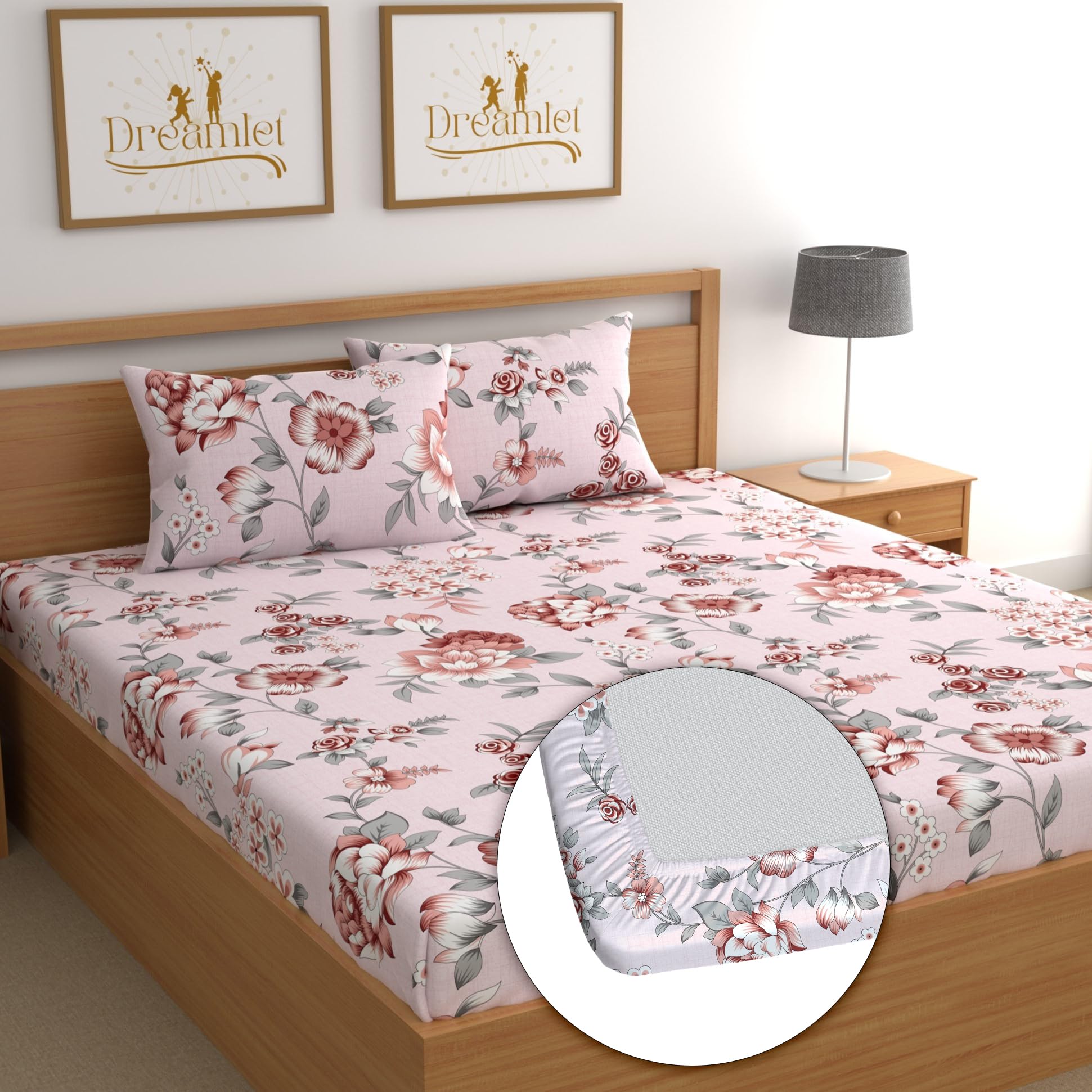 DREAMLET 180TC Cotton Feel All Around Elastic Fitted Bedsheets, Premium Fitted Bedsheets for Double Bed with 2 Pillow Covers (Pink, Fitted) (B0D1VSRXX9) Amazon Price History, Amazon Price Tracker