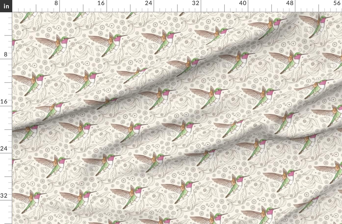 Spoonflower Fabric - Steampunk Hummingbird Clockwork Bird Line Drawing Printed on Organic Cotton Sateen Fabric by The Yard - Sewing Quilting Apparel Home Decor