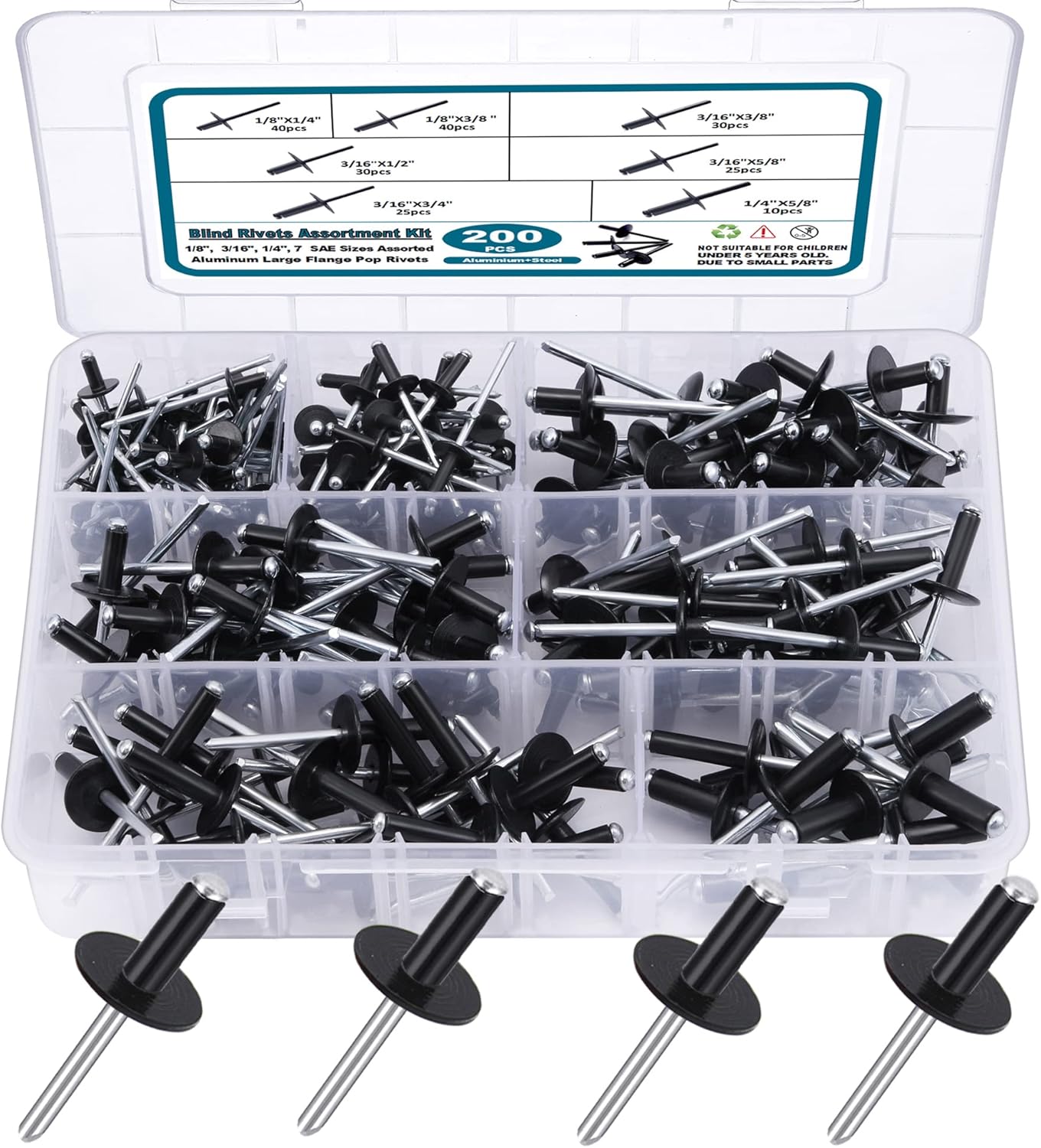 SATANTECH 200PCS Black Rivets Pop Rivets Assortment Kit, Large flange Aluminum Rivets(1/8" 3/16" 1/4") Assorted Blind Rivets with Case