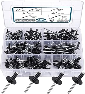 200PCS Black Rivets Pop Rivets Assortment Kit, SATANTECH Large flange Aluminum Rivets(1/8" 3/16" 1/4") Assorted Blind Rivets with Case