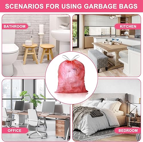 Miniatura 7 de Bolsas de basura de 4 galones con cordón, 100 unidades, extra fuertes, pequeñas, sin perfume, para baño, baño, oficina, cocina, color rojo