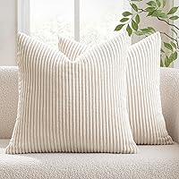 MIULEE 24x24 Striped Corduroy Pillow Covers Set of 2 - Soft Cream White Euro Shams for Couch, Sofa, Bedroom, Living Room