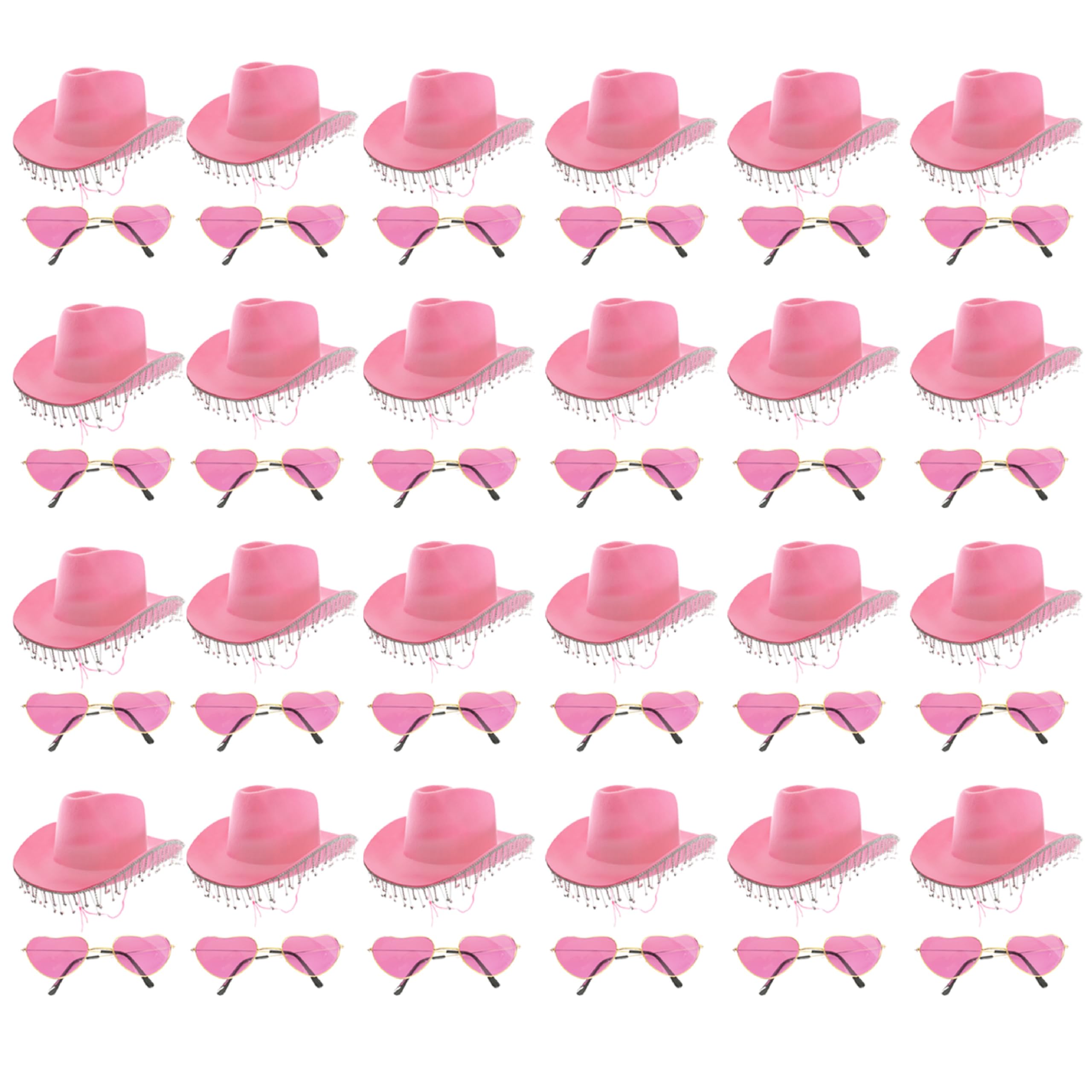 Ladies Cowgirl Set - Pack of 24 - Pink Cowgirl Hat with Diamanté Fringe and Pink Heart-Shaped Glasses - Adults Music Festival Hen Party Fancy Dress Accessory