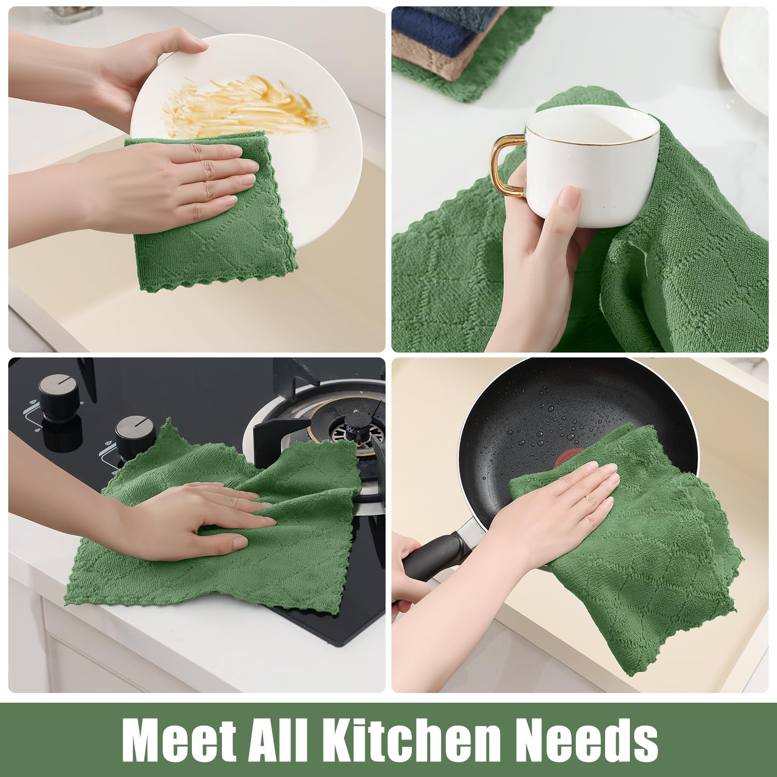 Homaxy Lot de 12 torchons de cuisine et torchons de cuisine en velours corail, 25,4 x 25,4 cm et 33 x 48,3 cm, super doux et absorbants, sans peluches et anti-adhésifs, séchage rapide, vert gazon