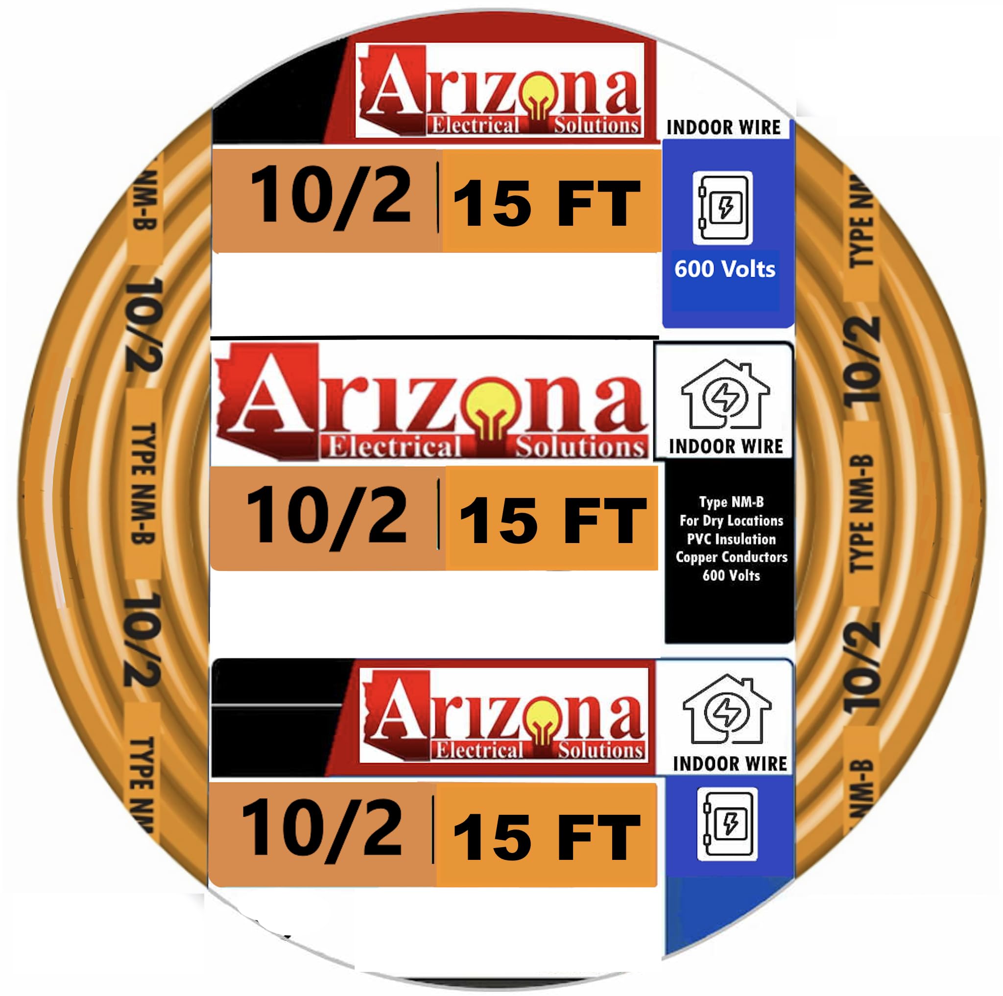 10/2 NM-B Indoor Copper Wire, 15 Feet, 600V, 2 Conductors with Ground, Orange