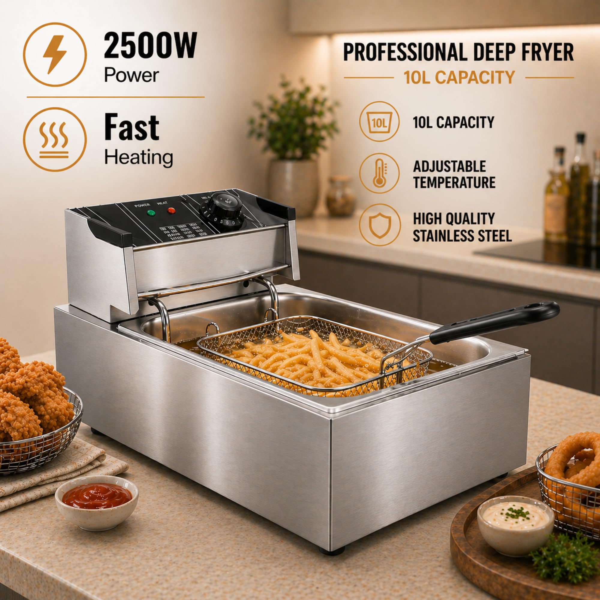 Friggitrice Professionale da 10 Litri. Friggitrice in Acciaio Inox, con Sonda per il Controllo della Temperatura. Ideale per la Ristorazione e la Cucina Domestica.