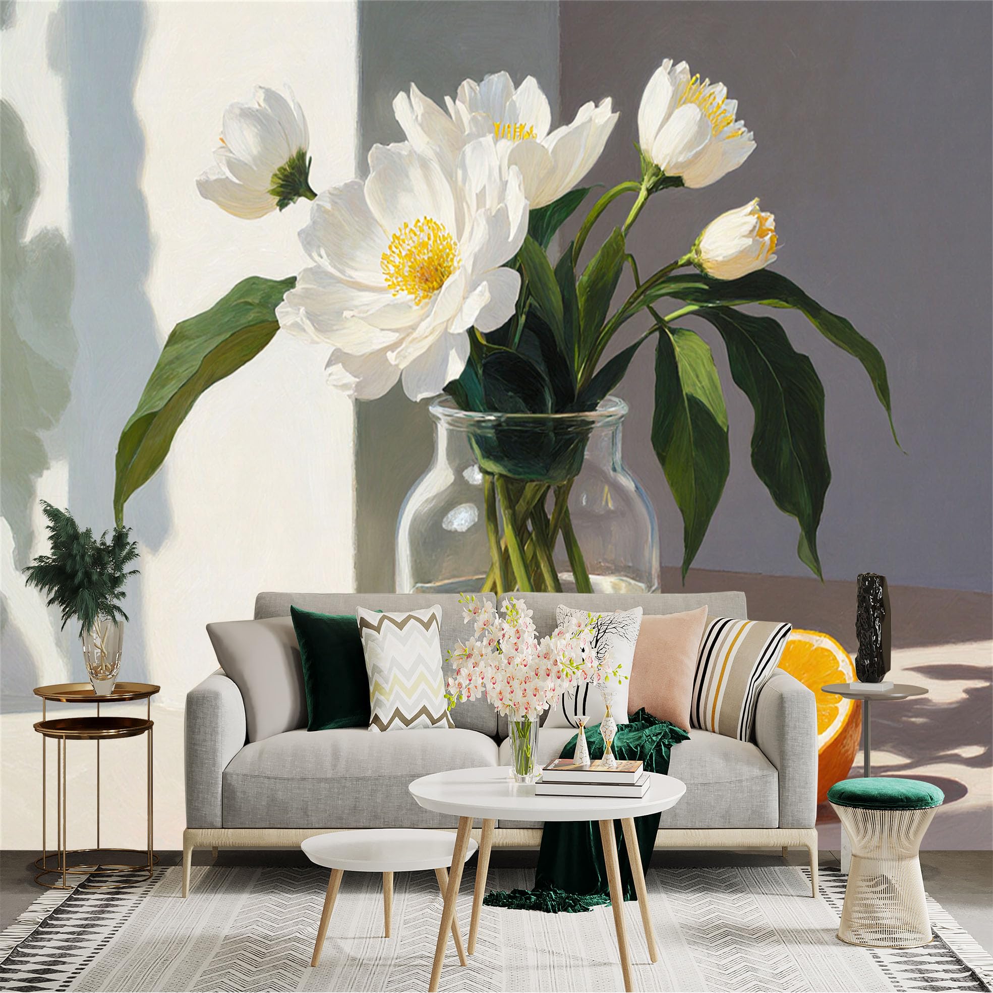 Custom Size Wall Sticker Mural， White Flowers in Glass Vase， Fresh Oranges， Still Life Painting， for wall Decoration， peelandstick wall Decals.