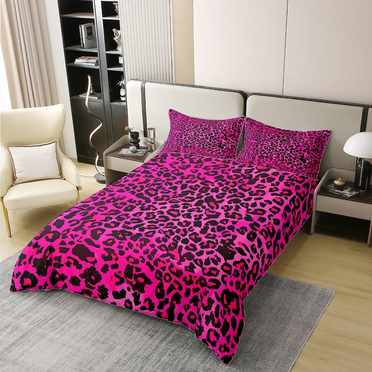Homemissing Kinder heiße rosa Leopard 100% Baumwolle Bettwäsche Set 135x200cm Tierdruck Betten für Kinder Jungen Mädchen Gepard Bettwäsche-Set leichte Frauen Männer Safari Schlafzimmer Dekor