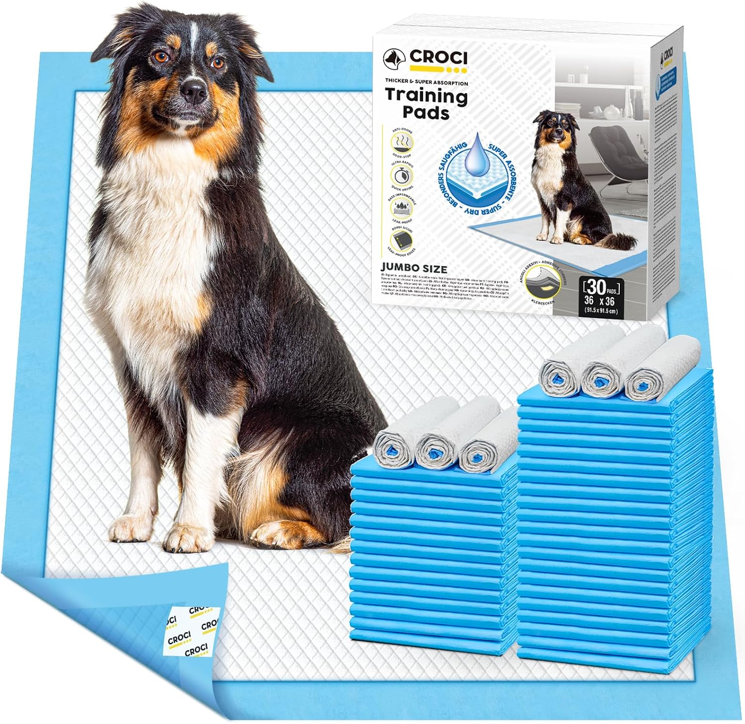 CROCI XXL Puppy Pads with Adhesive Tabs Disposable Pee Pads 36x36in 30Ct