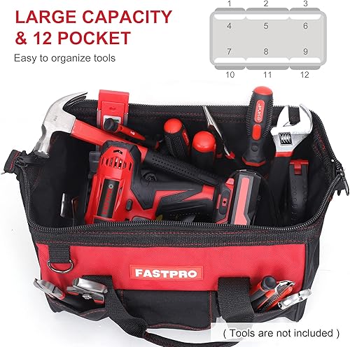 Miniatura 4 de FASTPRO Bolsa de herramientas de almacenamiento abierta de boca ancha con cremallera de 14 pulgadas, diseño clásico negro y rojo, diseño de moda,