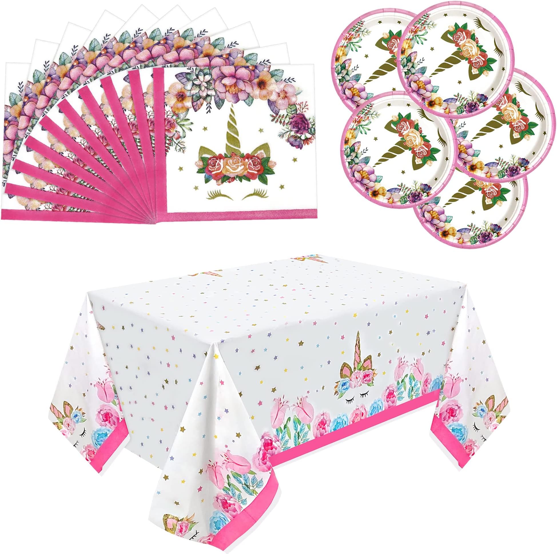 20 Guests Unicorn Tableware Set Pink Paper Plates and Napkins Tablecloths Party Disposable Tableware Unicorn Party Supplies for Kids Girls Baby Shower Wedding Happy Birthday Decorations 41 Pack