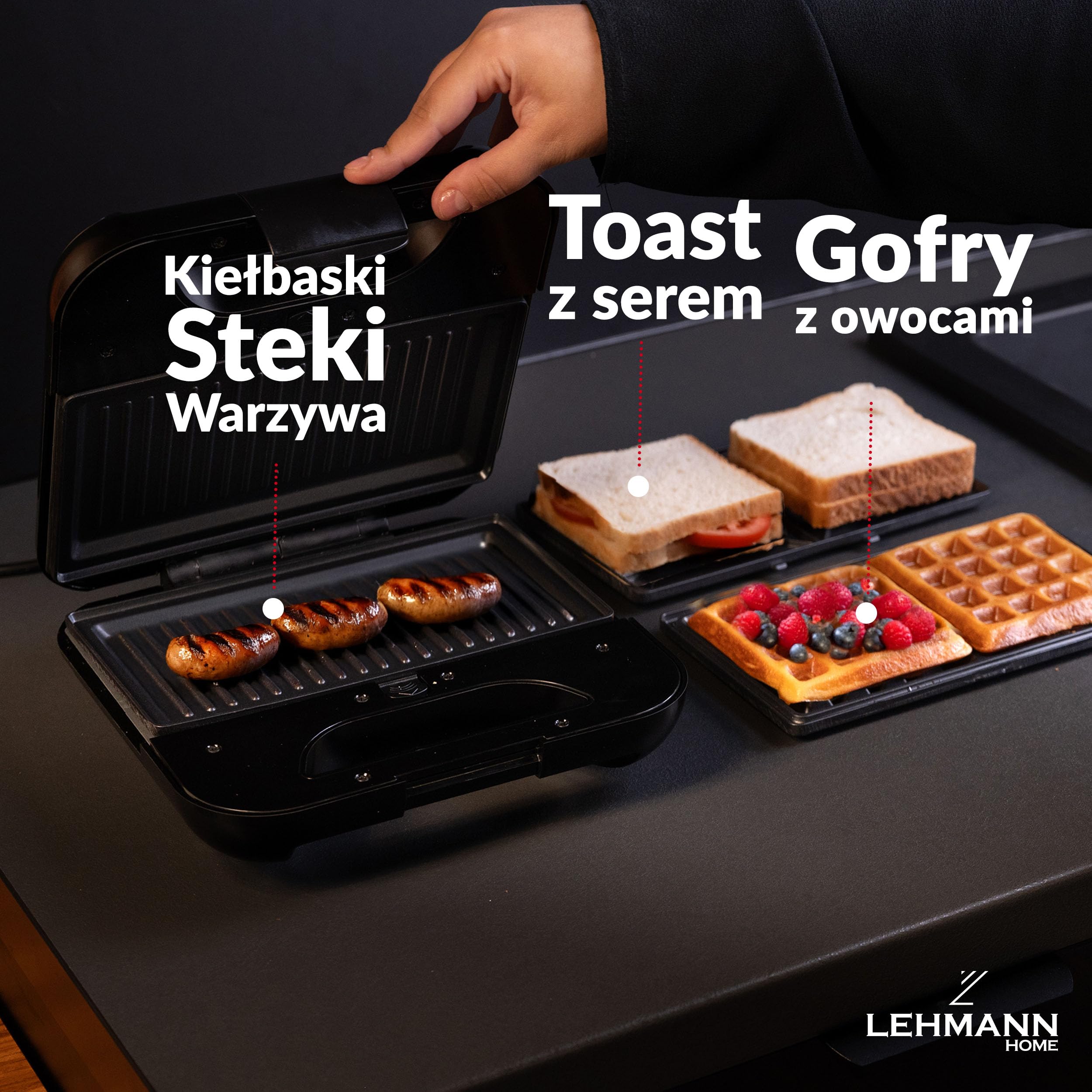 LEHMANN Opiekacz do kanapek 3 w 1, wielofunkcyjne urządzenie z wymiennymi płytkami – gofrownica, grill kontaktowy, opiekacz do kanapek, nieprzywierająca, szybkie przygotowanie kanapek, gofrów, panini