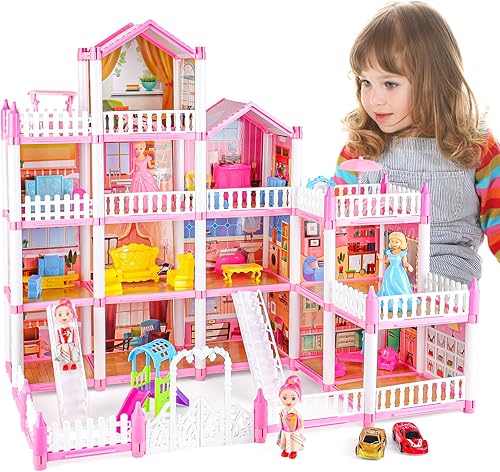 deAO Casa de muñecas de 4 pisos para niñas con 14 habitaciones, juego de casa de muñecas con 4 muñecas, muebles y accesorios, casa de muñecas de
