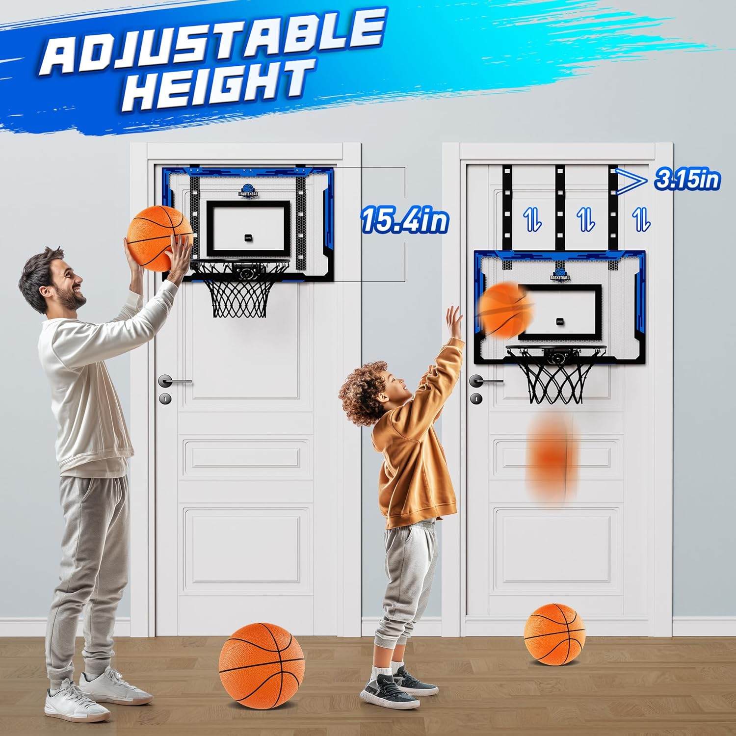 24" x 16" indoor large basketball hoop toy - upgraded adjustable height basketball hoop over the door with complete accessories, basketball toys christmas birthday gifts for kids & adults