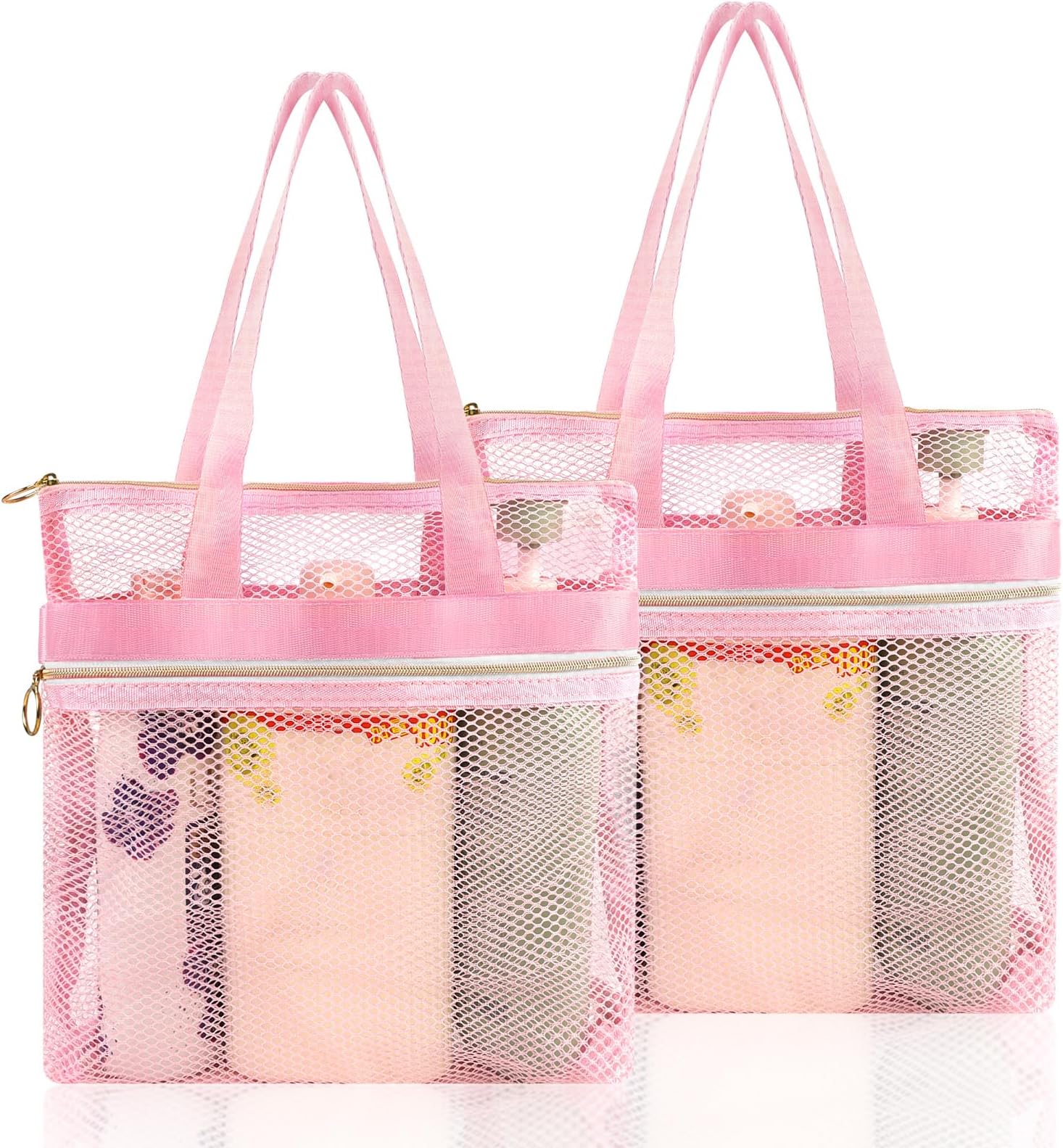 OSDUE Mesh Shower Caddy Bag, 2PCS Portable Toiletry Tote Hanging Wash Bag with Zipper, Quick Dry Shower Tote Bag for College Dorms, Gym, Swimming, Beach, Camping, Travel(Pink)