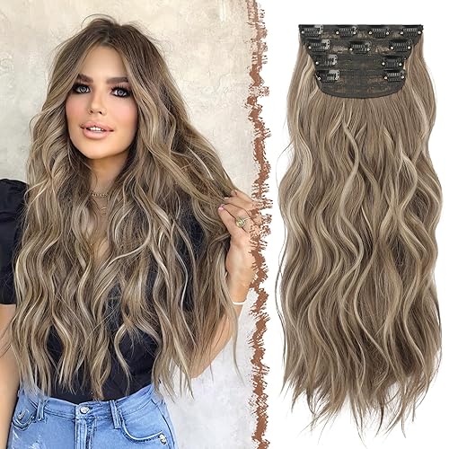 FESHFEN Extensiones de cabello con clip, 4 piezas, largo, ondulado, grueso, resaltado, extensiones de cabello sintético de cabeza completa para