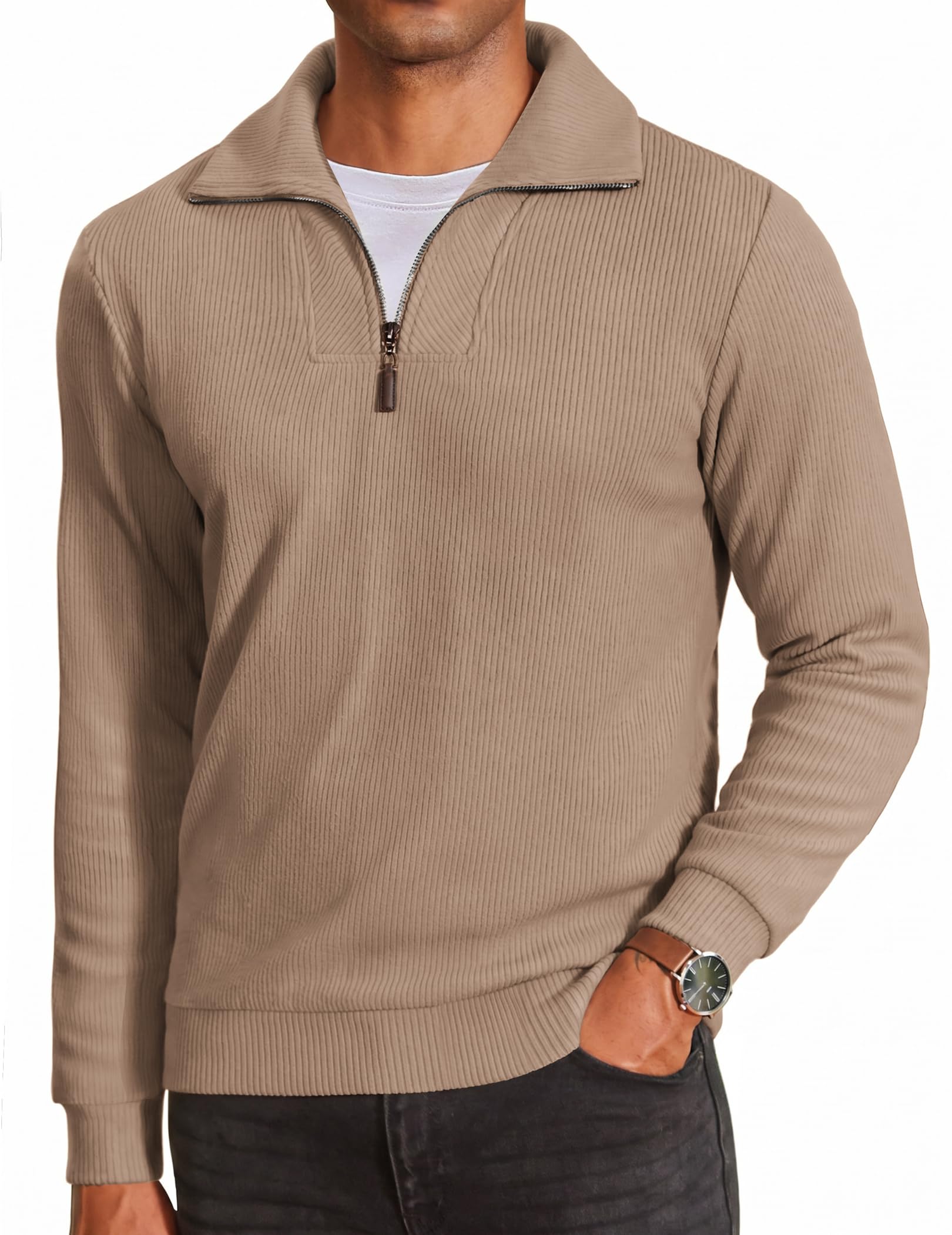 Men's Soft Quarter Zip Pullover Mock Neck Corduroy Sweatshirt