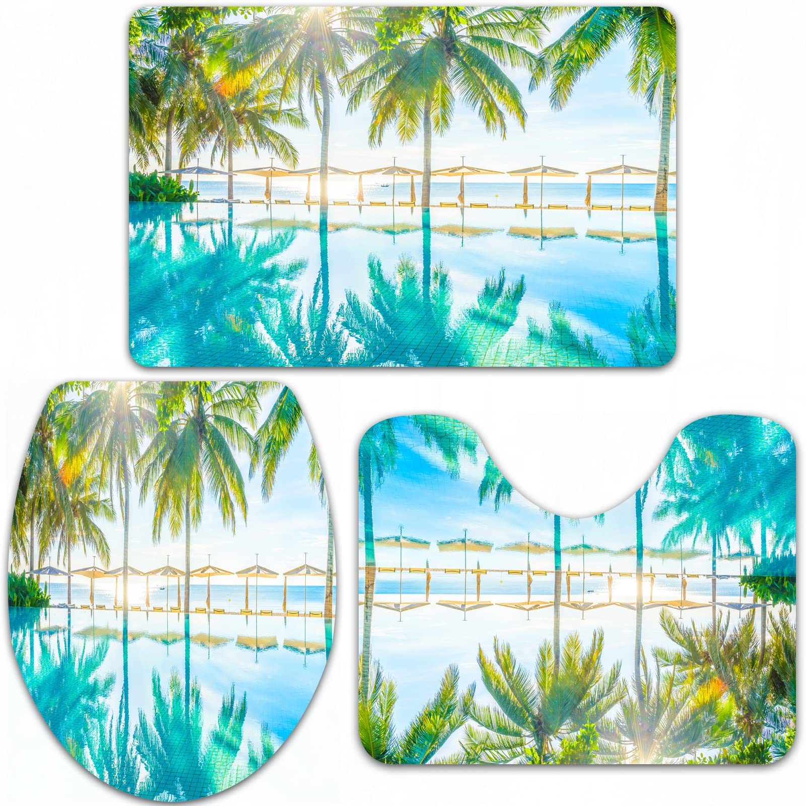 Bathroom Set, Rugs Sets 3 Piece,Landscape,Pool by the Beach with Seasonal Eden Hot Sunny Humid Coastal Bay Photography,Anti-Slip Mats and Sets, Absorbent Bath Mat for Tub, Shower, Room, Kitchen